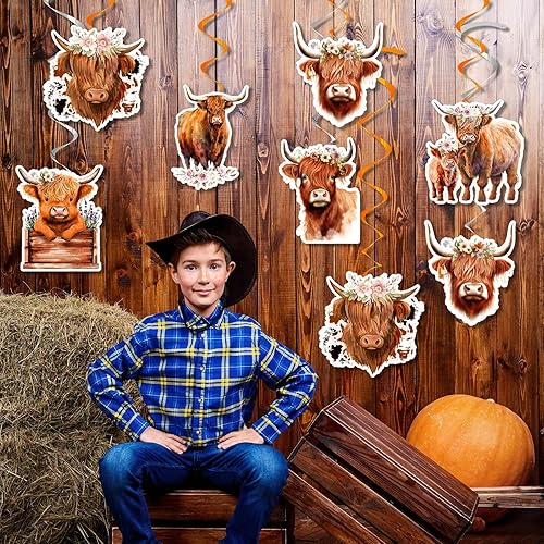 Miniatura 3 de Libima 24 piezas de vaca de las tierras altas colgantes, remolino occidental de las tierras altas, decoraciones de fiesta para baby shower,