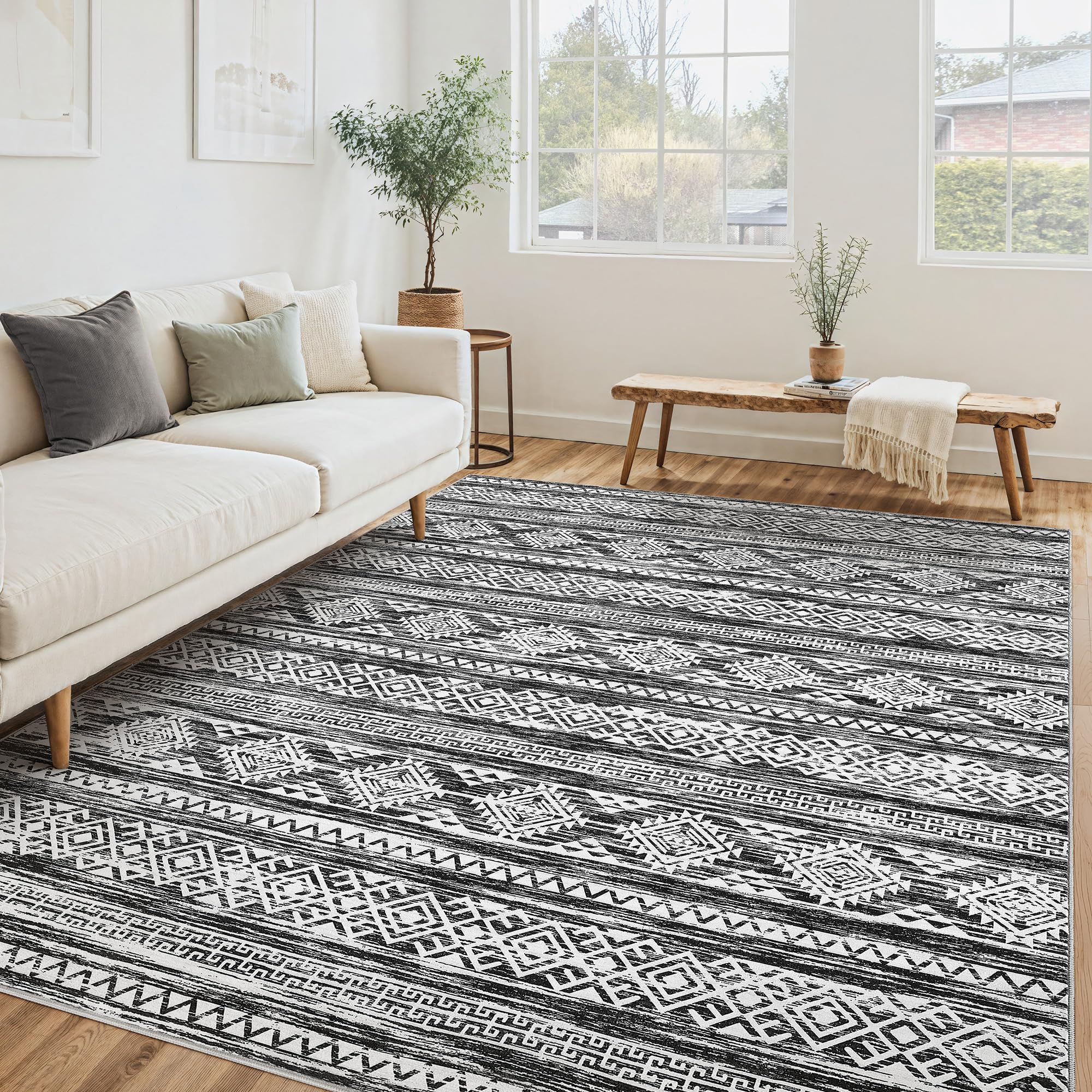 Photo 1 of Tortania Area Rug Living Room Rugs - 6x9 Washable Large Soft Neutral Boho Moroccan Bohemian Farmhouse Rug Indoor Floor Carpet for Bedroom Under Dining Table Home Office Decor - Black White