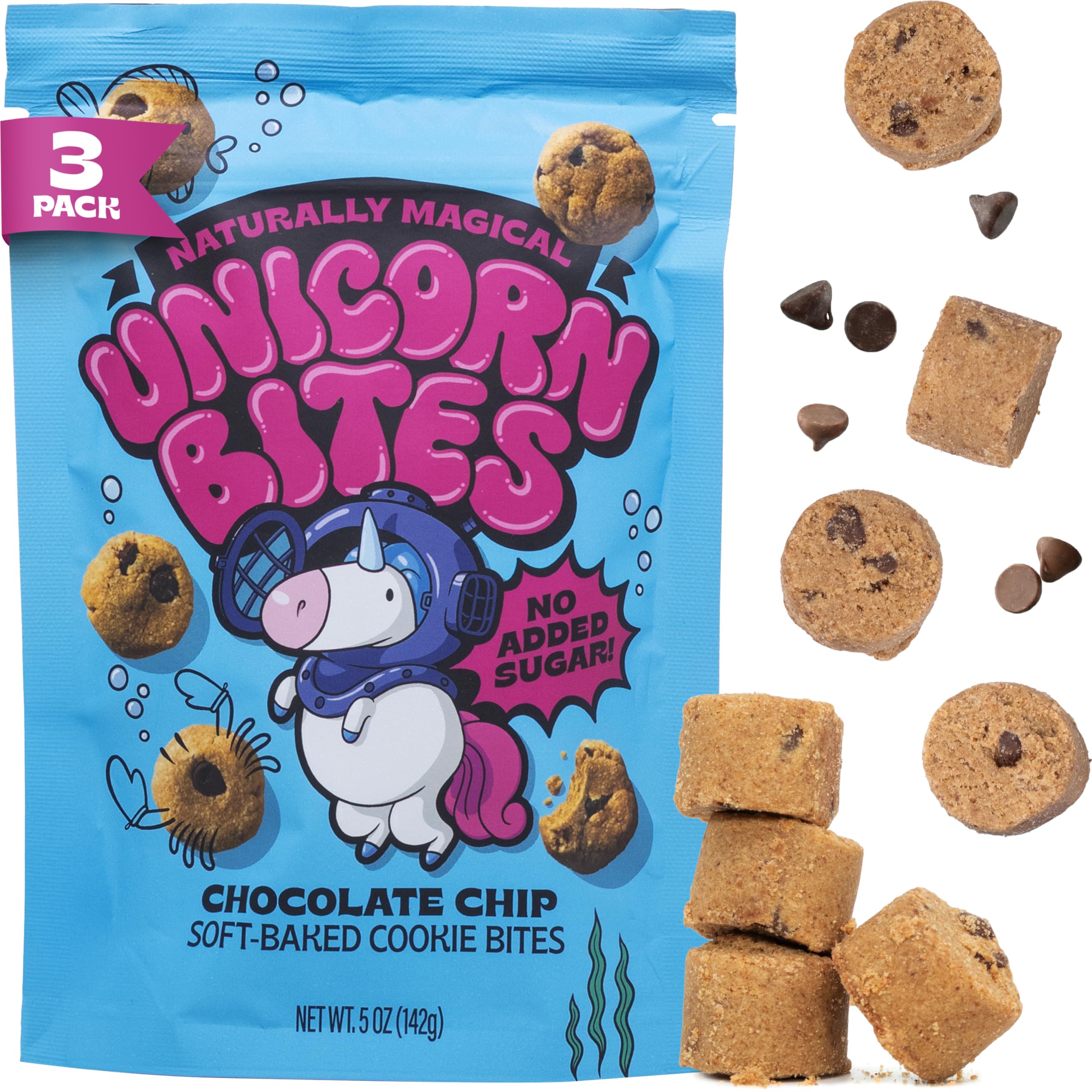 - Unicorn Bites Mini Soft Baked Chocolate Chip Cookies (3-Pack) - Healthy Low Sugar Snacks for Kids, Naturally Sweetened with Dates - Moist, Dense, Chewy School Snacks - Vegan, Gluten Free, Dairy Free