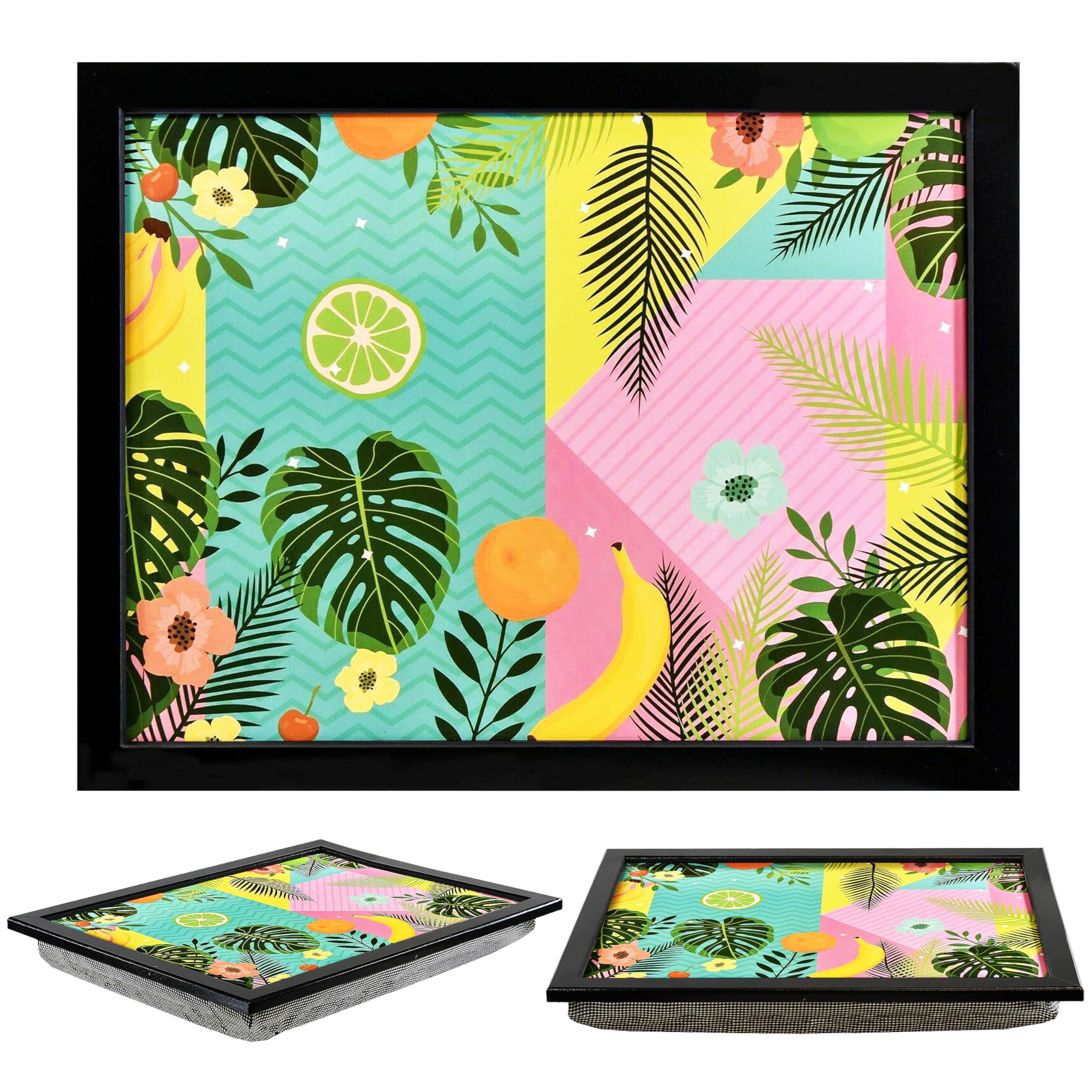 MTS Wooden Lap Trays with Bean Bag Cushion - Tropical Fruit Design - Large Padded Tray for Kids and Adults - Suitable for Food, Work, Art, TV, Sofa, Bed - Fantastic Gift for All Ages