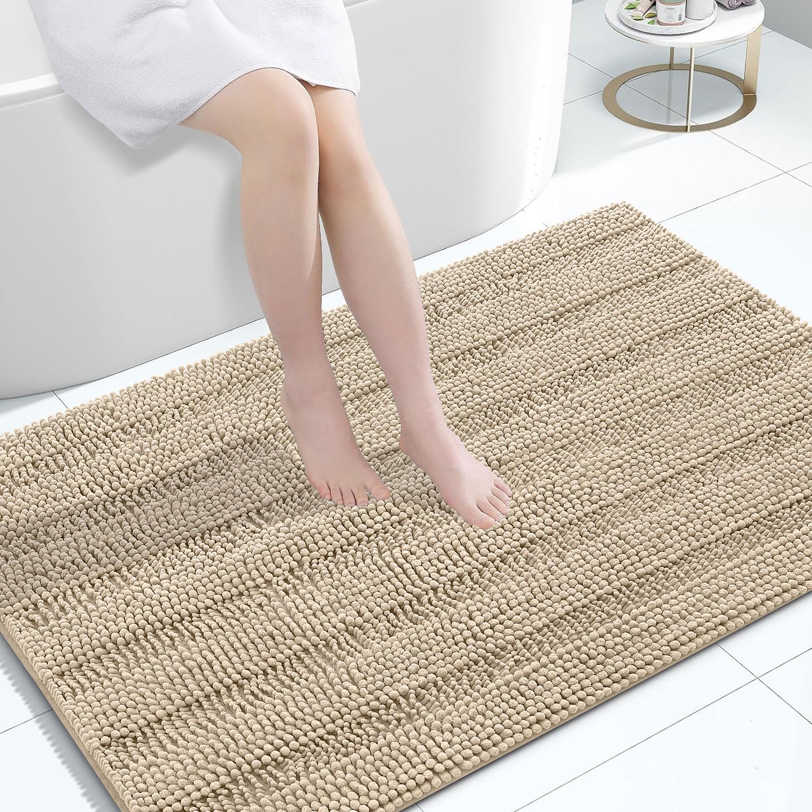 Grandaily Chenille Bathroom Rugs 47x32, Soft Absorbent Bath Mats, Beige