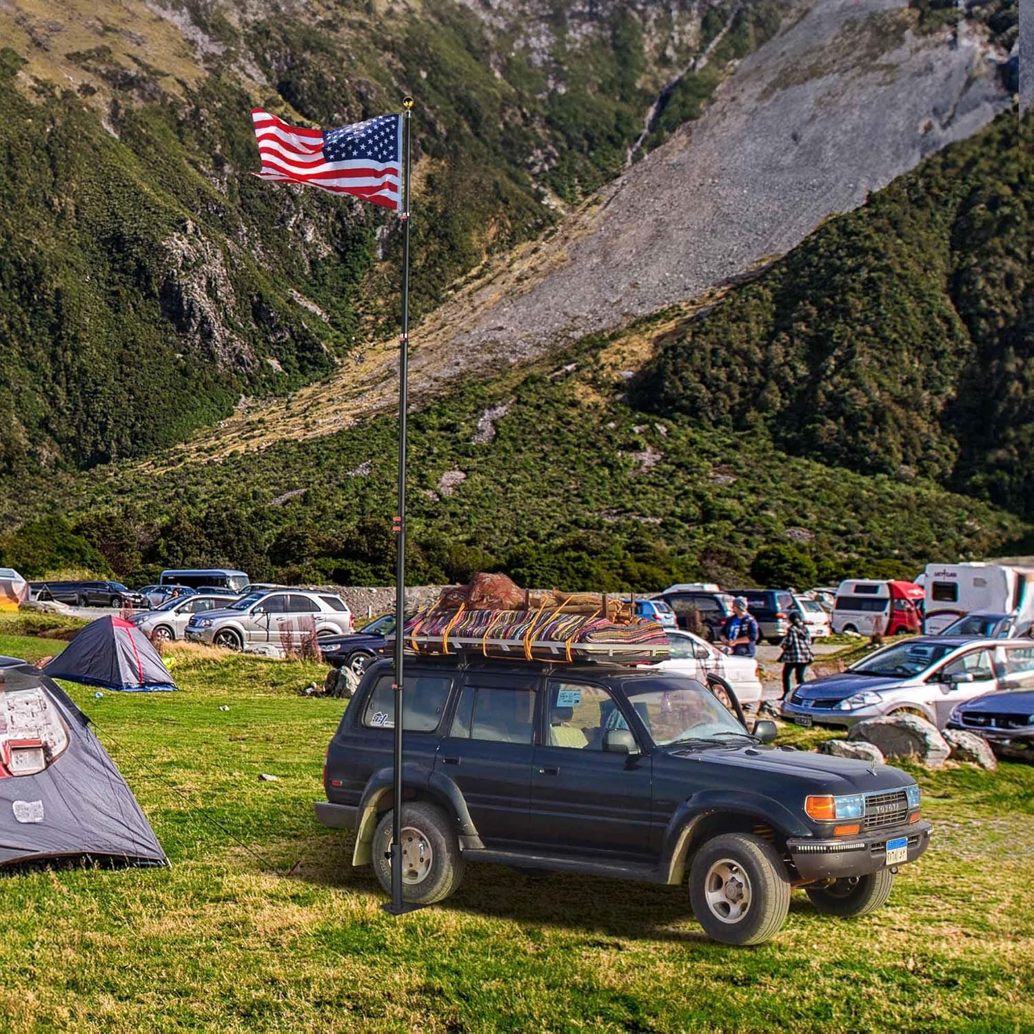 Yescom EZ GO 30ft Portable Telescopic Tailgate Flag Pole Kit with Anti-Sway Tire Mount & Carry Bag for RV Camping with US Flag Ball Top, Outdoor Telescoping Flagpoles Black
