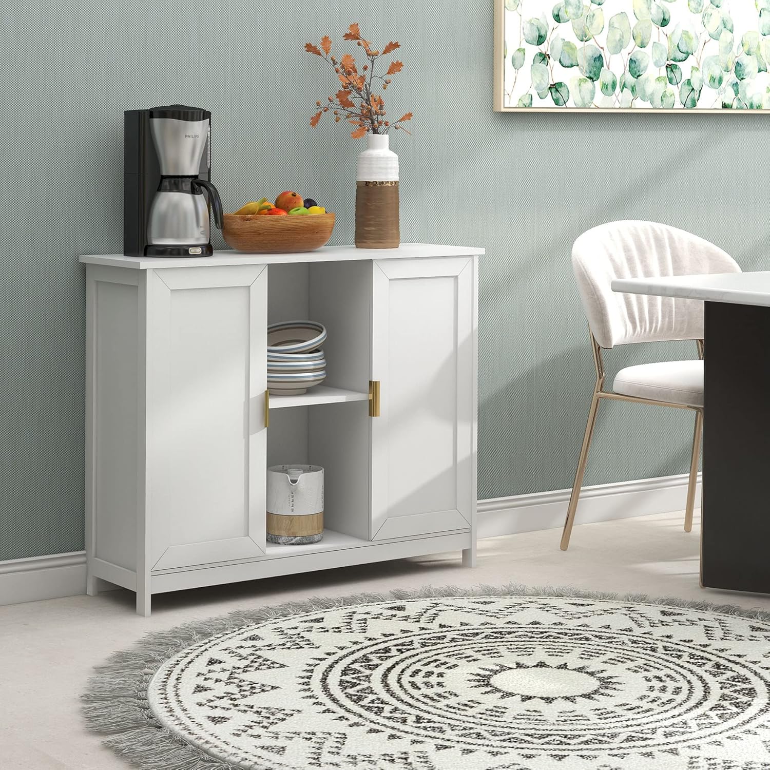 TaoHFE Color White Buffet Cabinet with Storage,Wooden Narrow Sideboard Entryway Cabinets,Modern White Cabinet with Doors Credenza