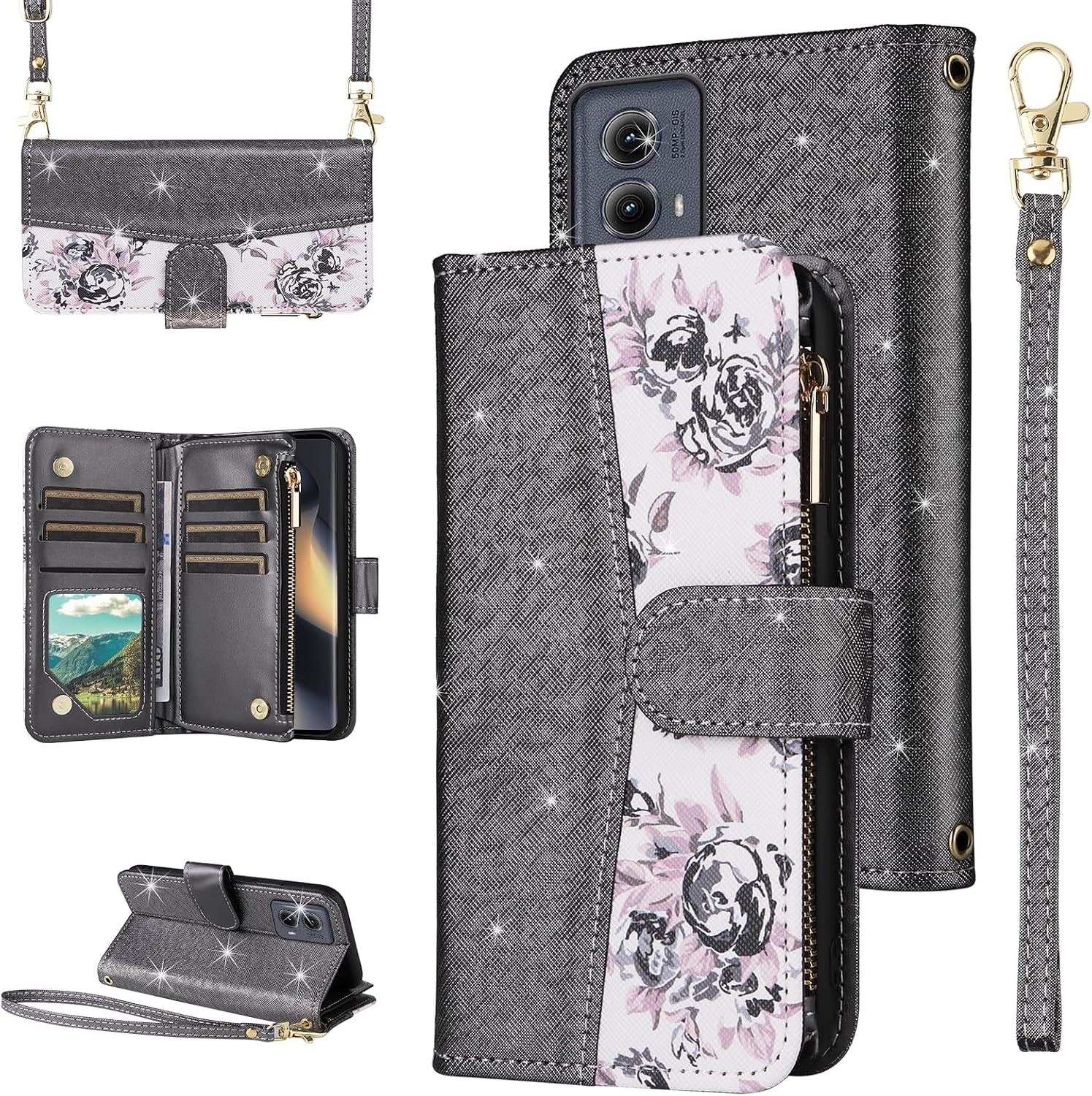 for Motorola Moto G 5G 2025 Floral Wallet Case with Flip Zipper Purse Wrist/Shoulder Strap, Luxury Glitter PU Leather Card Holder Stand Accessories Phone Cover for G5G 5 G G5 Women Purple