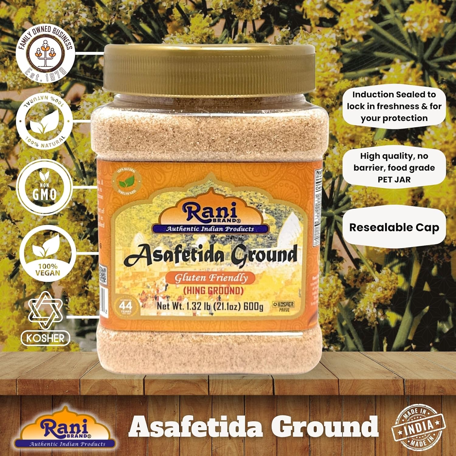 Rani Asafetida (Hing) Ground 21.1oz (1.32lbs) 600g Gluten Friendly, PET Jar ~ All Natural | Salt Free | Vegan | Non-GMO | Kosher | Asafoetida Indian Spice | Best for Onion Garlic Substitute