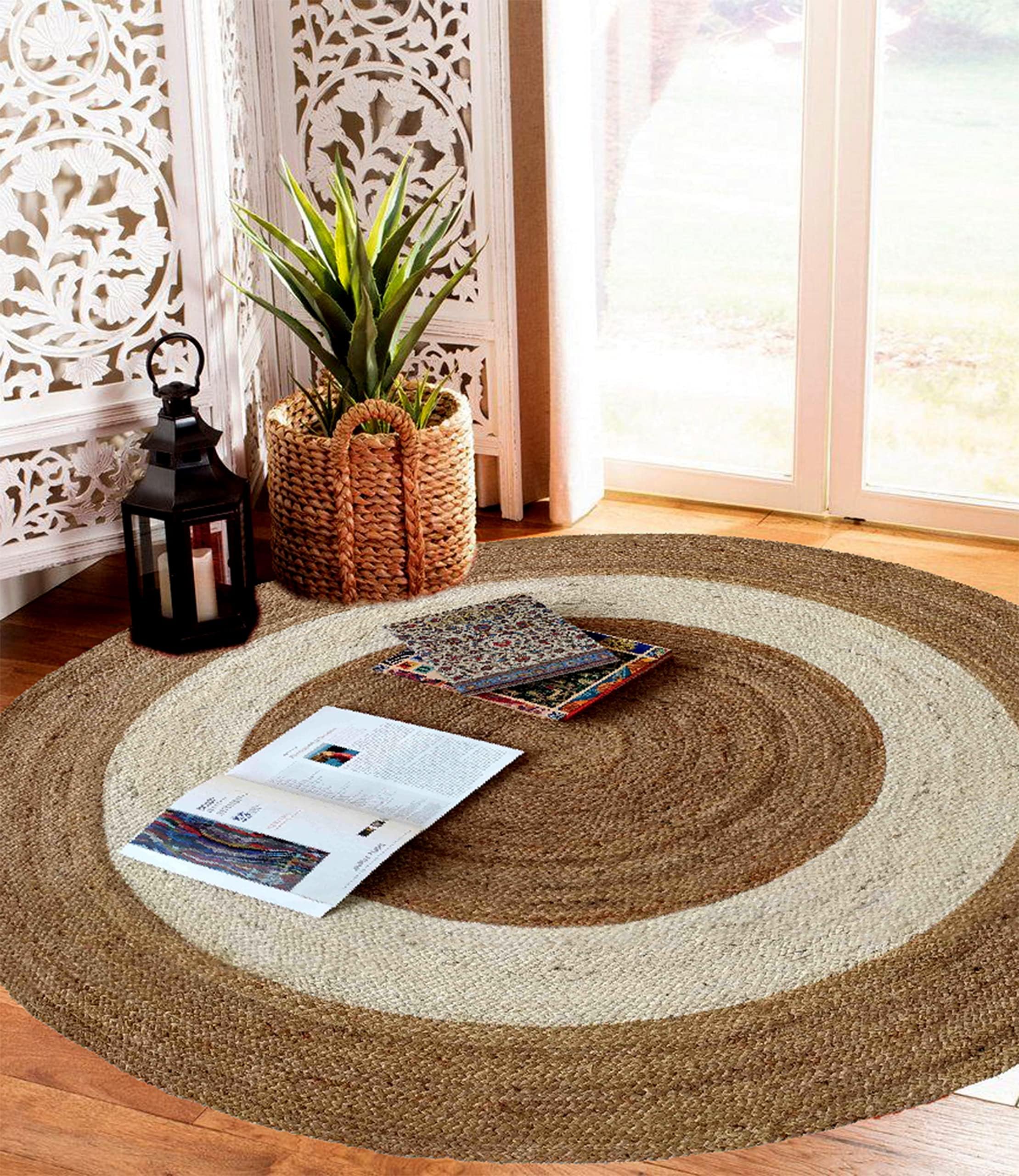 Ramsha Home Handmade braided rug 90 CM RD natural jute floor rug BR-008 round shape with Natural & Bleach in color Kitchen mat,Drawing room mat
