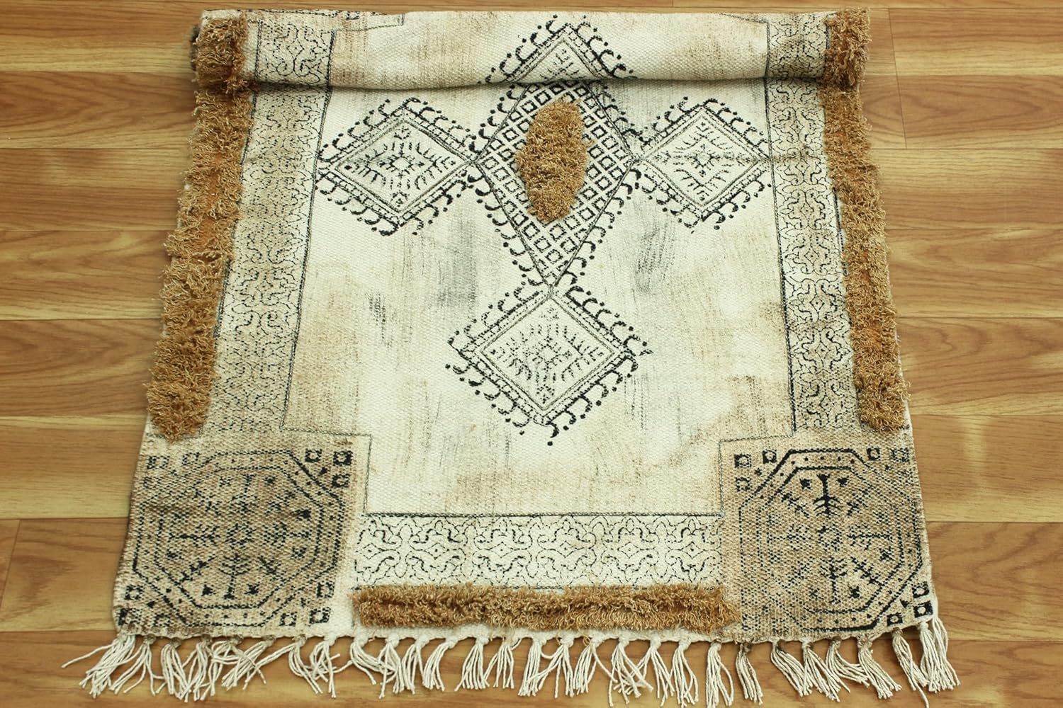 Kilim Runner 4x20 Cotton Runner Rug Brown & Beige Indoor Outdoor Runner 0.19 inches Stone Easy Washable Hand Wash Cotton Carpet Flatweave Runner Rugs for Hallway, Staircases, Corridor Runner