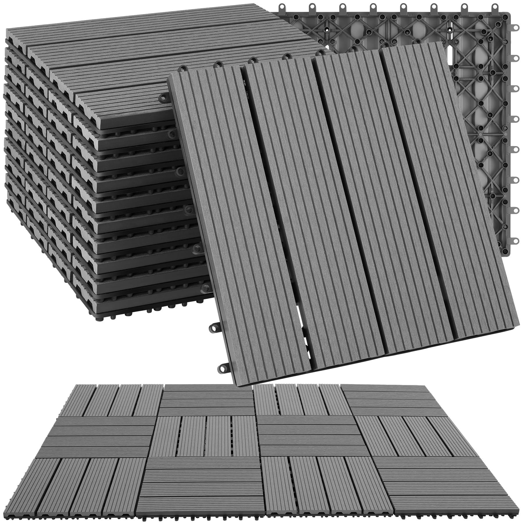tectake® 11-Piece Decking Tile Set in Wooden Look, 31 x 31 cm per Tile, 1.0571m² Total Area, Easy Interlocking Click System, Non-Slip & Weather-Resistant WPC - Garden & Patio Decking Tiles - Grey