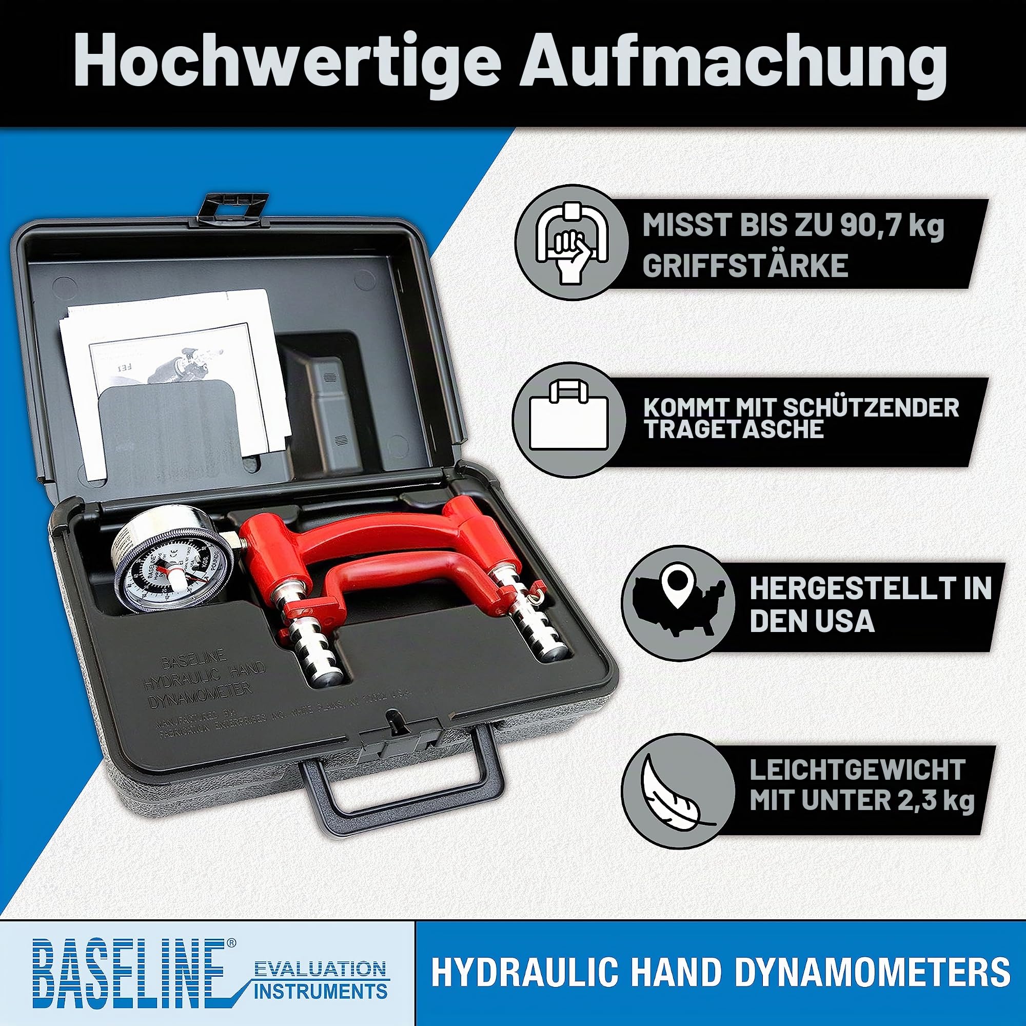 Baseline LiTE Hydraulisches Handdynamometer – Griffkraftmessgerät mit 90,7 kg Kapazität und 5-Positionen-Griff