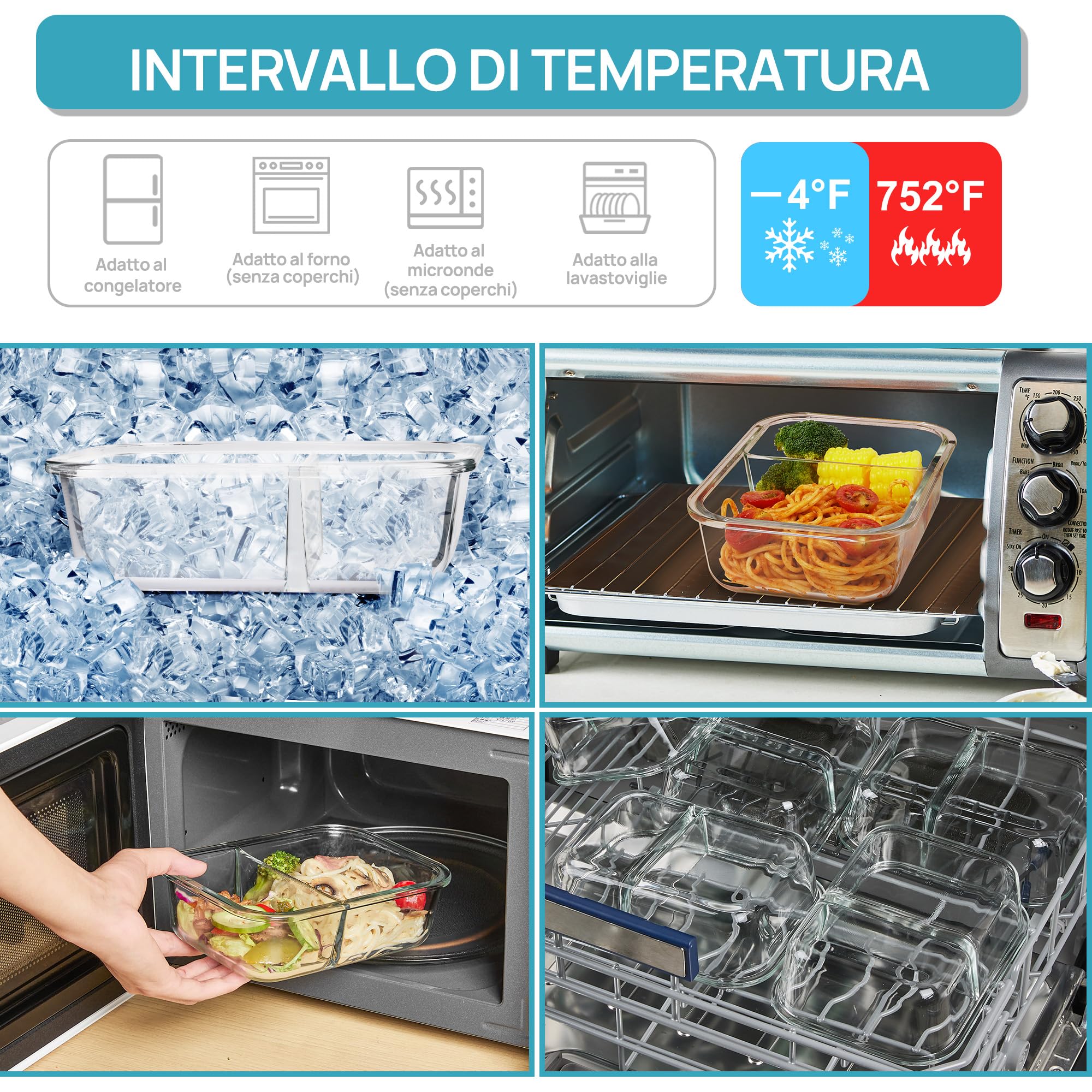 Vtopmart Set di 5 Contenitori Vetro per Alimenti Con 2 Scomparti, Porta Pranzo Vetro con Coperchio, Contenitori Ermetici per Alimenti,Adatti A Freezer, Microonde E Lavastoviglie, Senza BPA