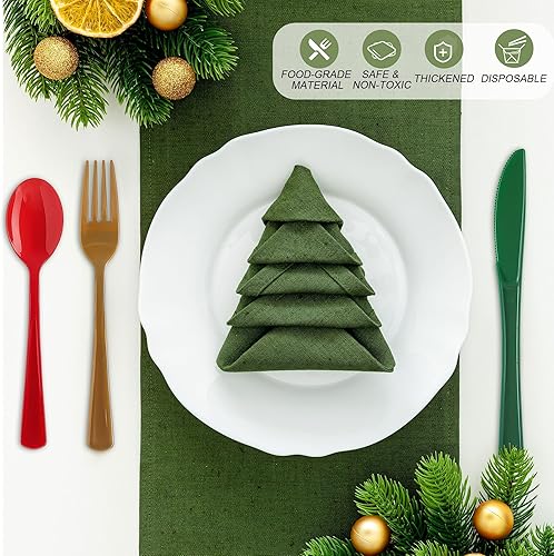 Miniatura 5 de Kochorie Juego de cubiertos de plástico de 300 piezas de cubiertos de plástico resistentes para Navidad, desechables, incluye tenedores, cucharas,