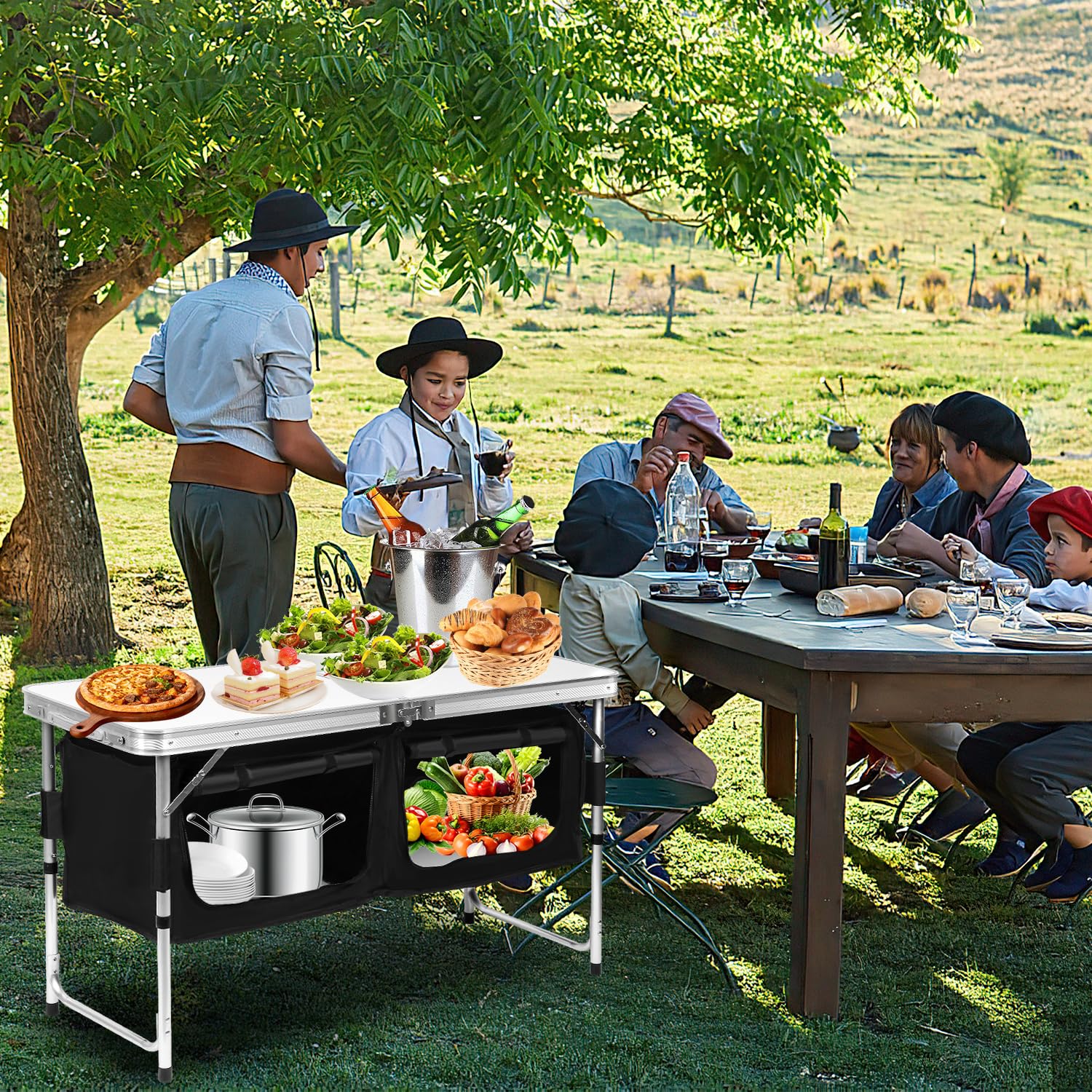 Campingküche Campingschrank Klappbar mit Aluminiumgestell und Staufächer, Küchenbox, Zeltschrank, Outdoor Camping Küche, Küchenschrank, Reiseküche für Camping, Gartenparty, Picknick