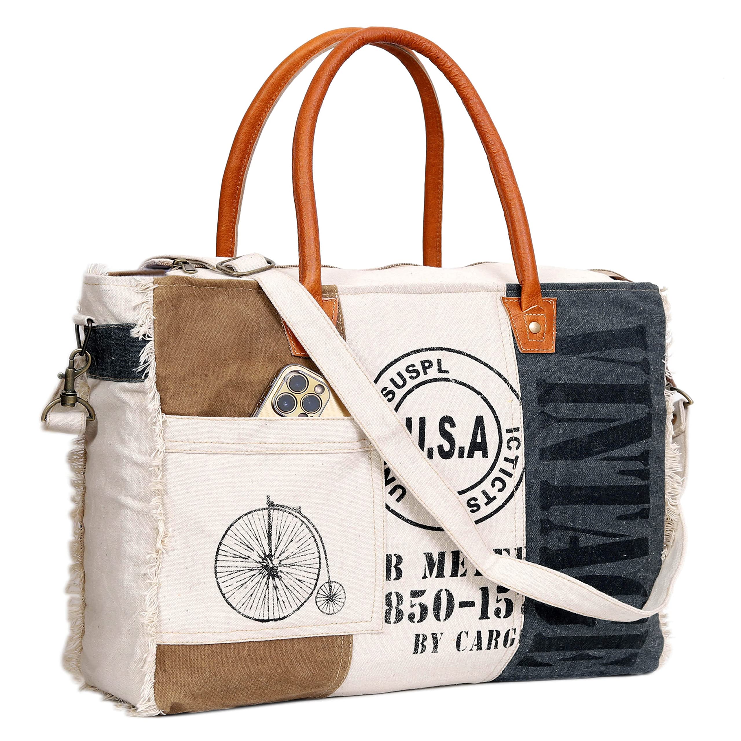 CREATIVE LEATHER ARTCLA Upcycled Bag, Large Upcycled Crossbody Bag & Cowhide Tote Bag, Upcycled Canvas & Cowhide Leather Handbag Bag for Women