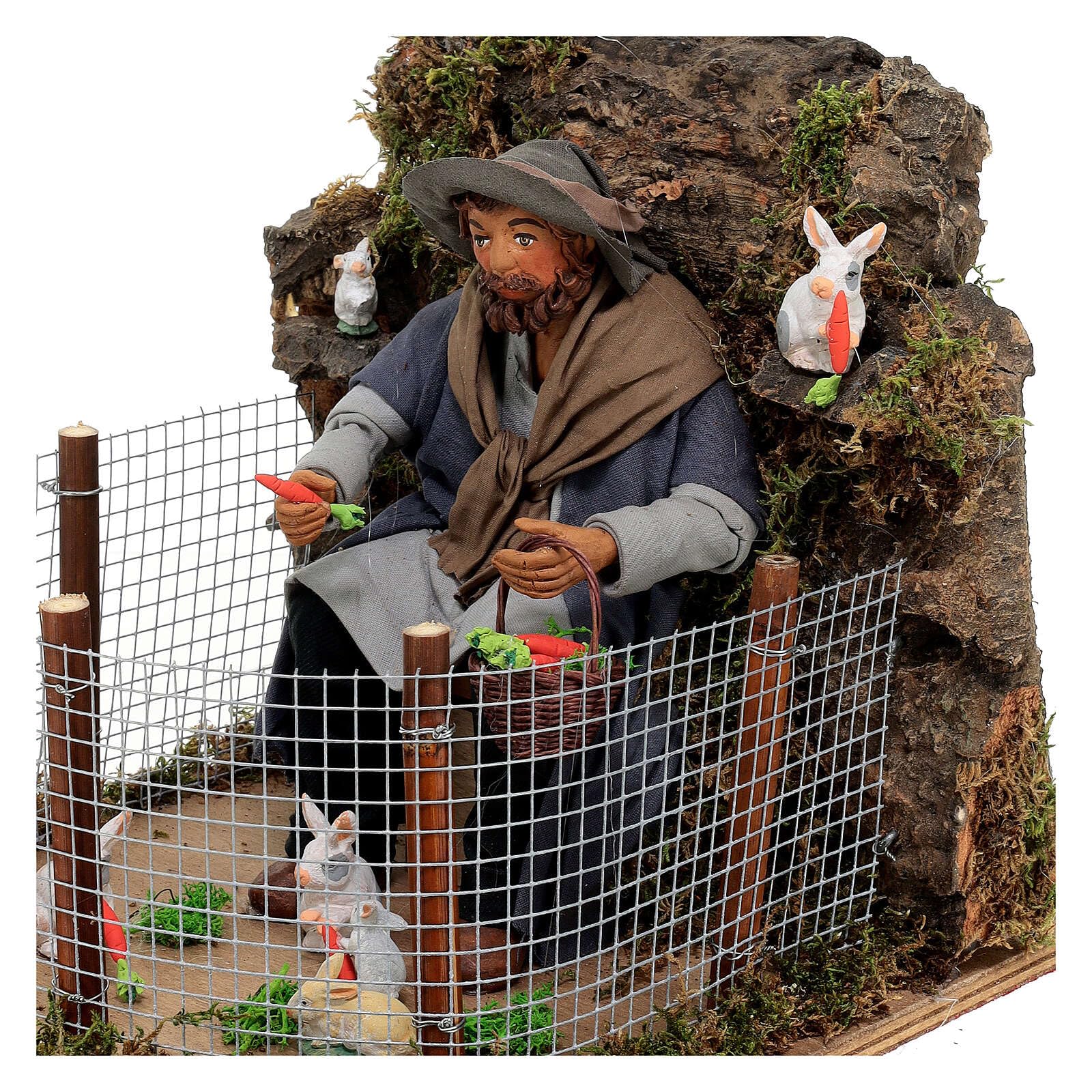 Holyart Man feeding rabbits, ANIMATED character of 24 cm for Neapolitan Nativity Scene