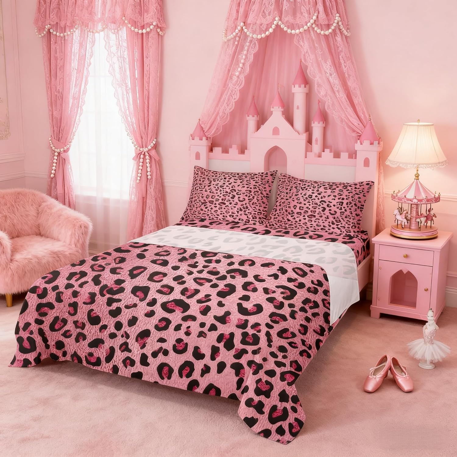 Pink Leopard Print Sheet Set Queen,Cheetah Bedding Set for Kids Teens Girls,Wild Animal Skin Texture Romantic Fashion Bed Sheet Set 4pcs with Deep Pocket Fitted Sheet + Flat Sheet + 2 Pillowcases