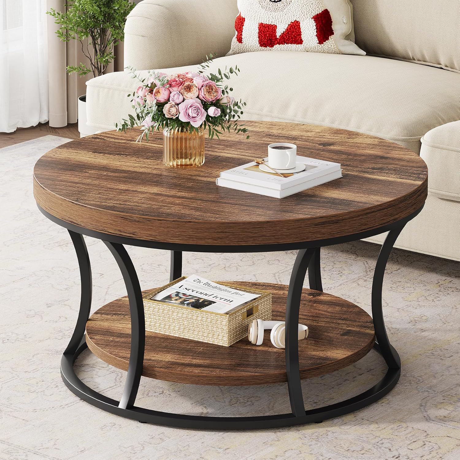 Amazon.com: Condemo Round Coffee Table for Living Room, 2-Tier Circle ...