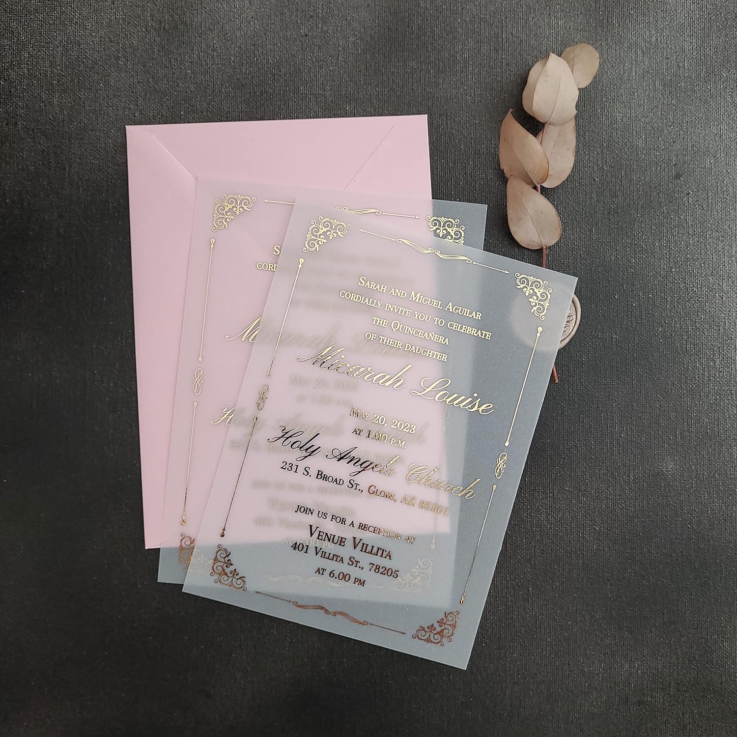Set of 10 Quinceañera Invitations, Elegant Quinceañera Invite, Custom Quinceañera Card, 15th Birthday, Vellum Invitations with Gold, Quince Anos, Mis Quince Invites, Princess Party Invite (A7 (5" x 7"