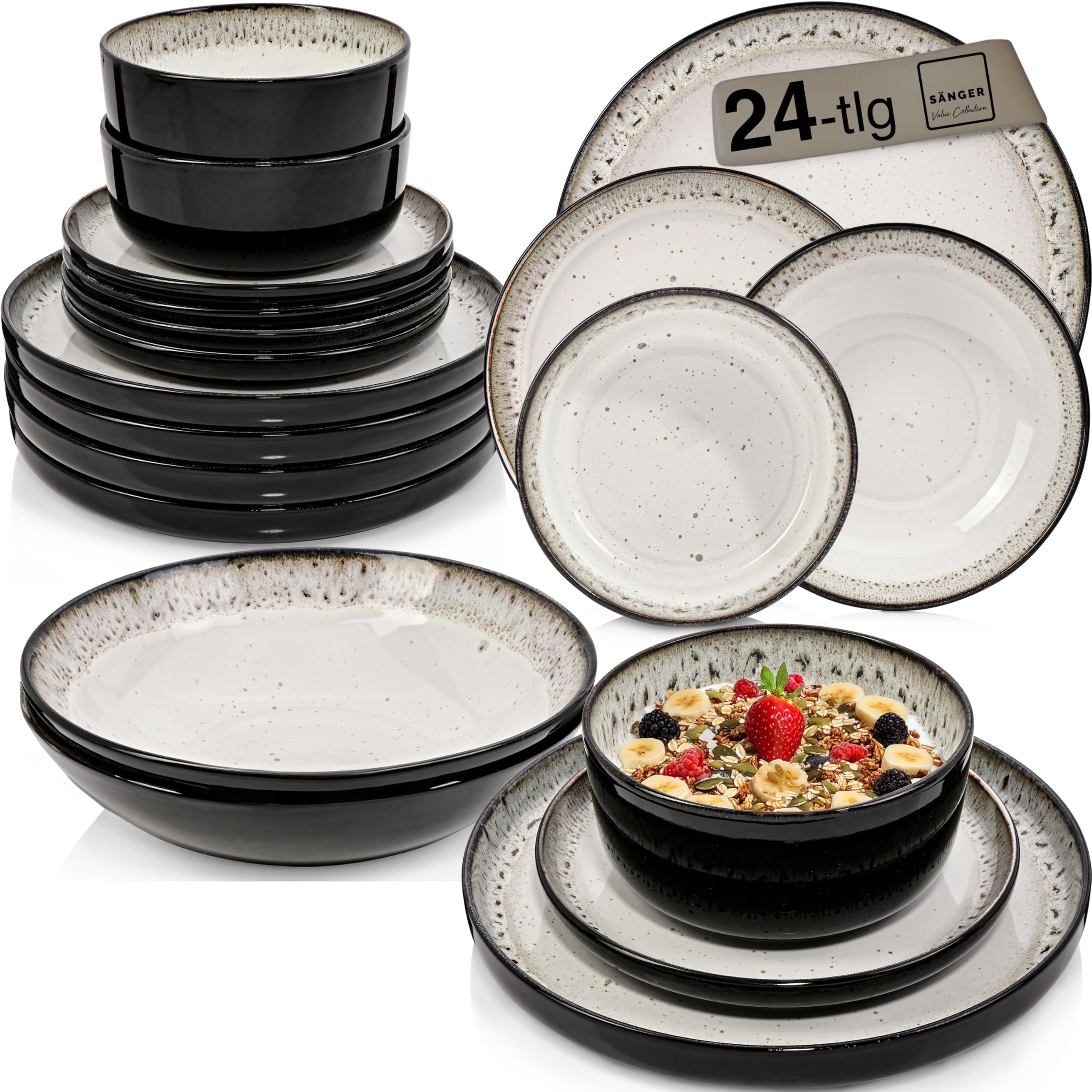 SÄNGER Sansibar | Tafelservice 24 teilig, Steingut Geschirr Set 6 Personen, 6x Teller Set 6x Frühstücksteller 6x Tiefe Teller 6x Suppenteller Geschirrset und Schale hellgrau | VALUE COLLECTION