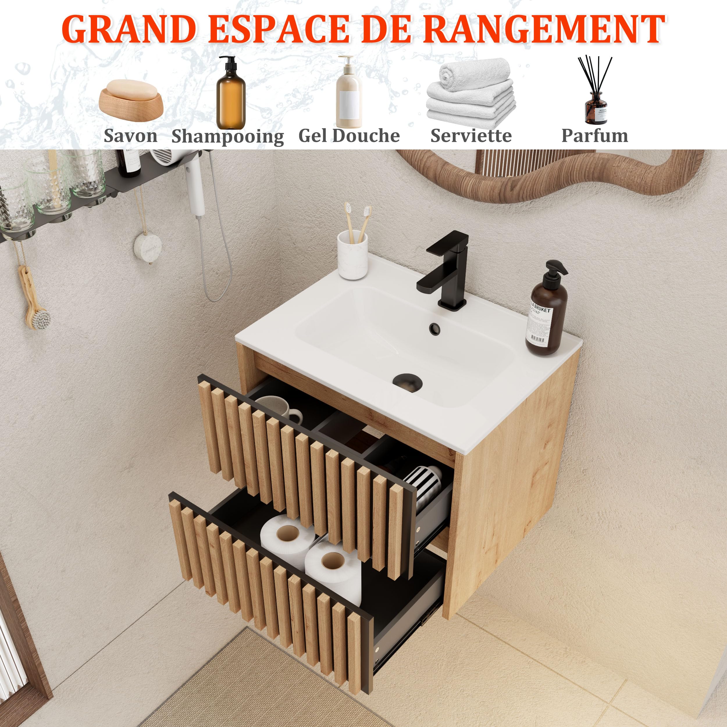 UEV Meuble Salle de Bain 60cm, Meuble Suspendu avec Lavabo en Céramique, Deux Tiroirs avec Grand Espace de Rangement, Poignée Cachée, Motif de Ligne, 60 x 45 x 50cm, Naturel