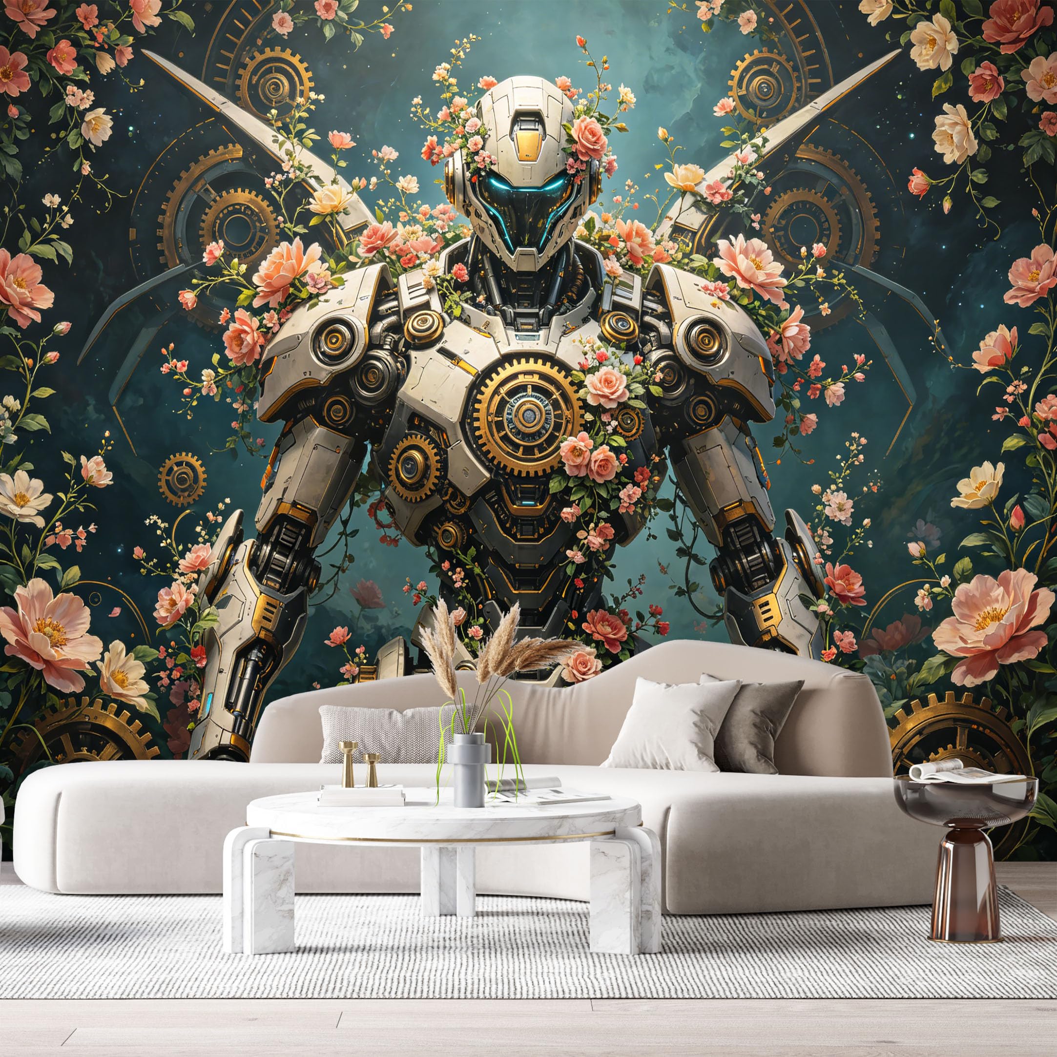 Custom Size Wall Murals Mecha Robot Floral Botanical Modern Industrial 3D Trompe Loeil SelfAdhesive Wall Fabric Removable Large Wallpaper for Photo Living Room