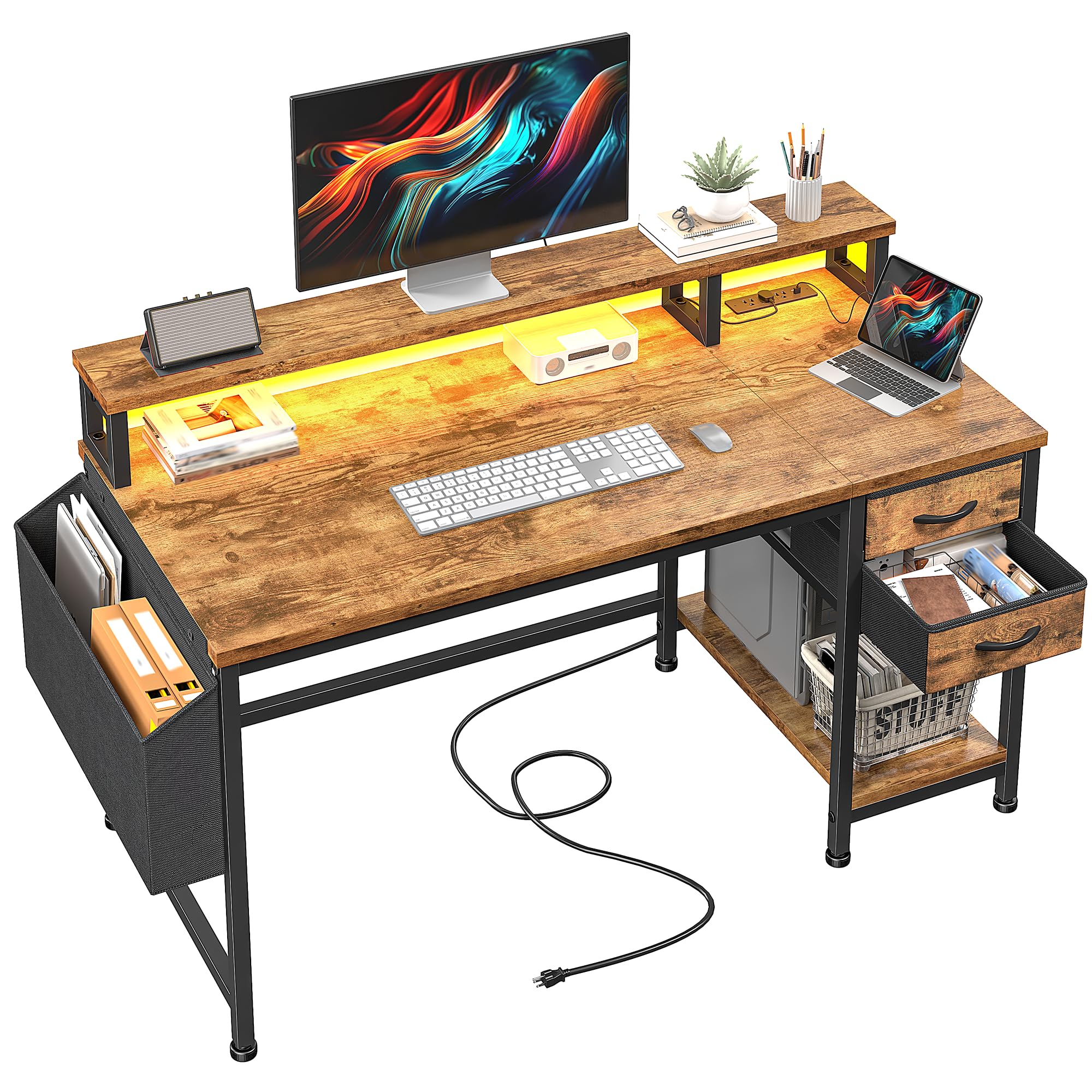 40 Computer Desk with LED Strip Gaming Desk with Drawers Storage Bag Office Desk with Power Outlets Monitor