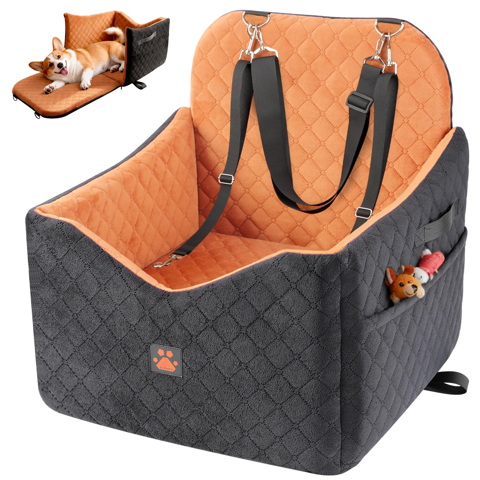 Dog Car Seat for Small/Medium Dogs Up to 35lbs, Puppy Car Seat with Thick Cushion, Detachable Washable Dog Carseat with Storage Pockets, 2 Safety Belts (Brown)