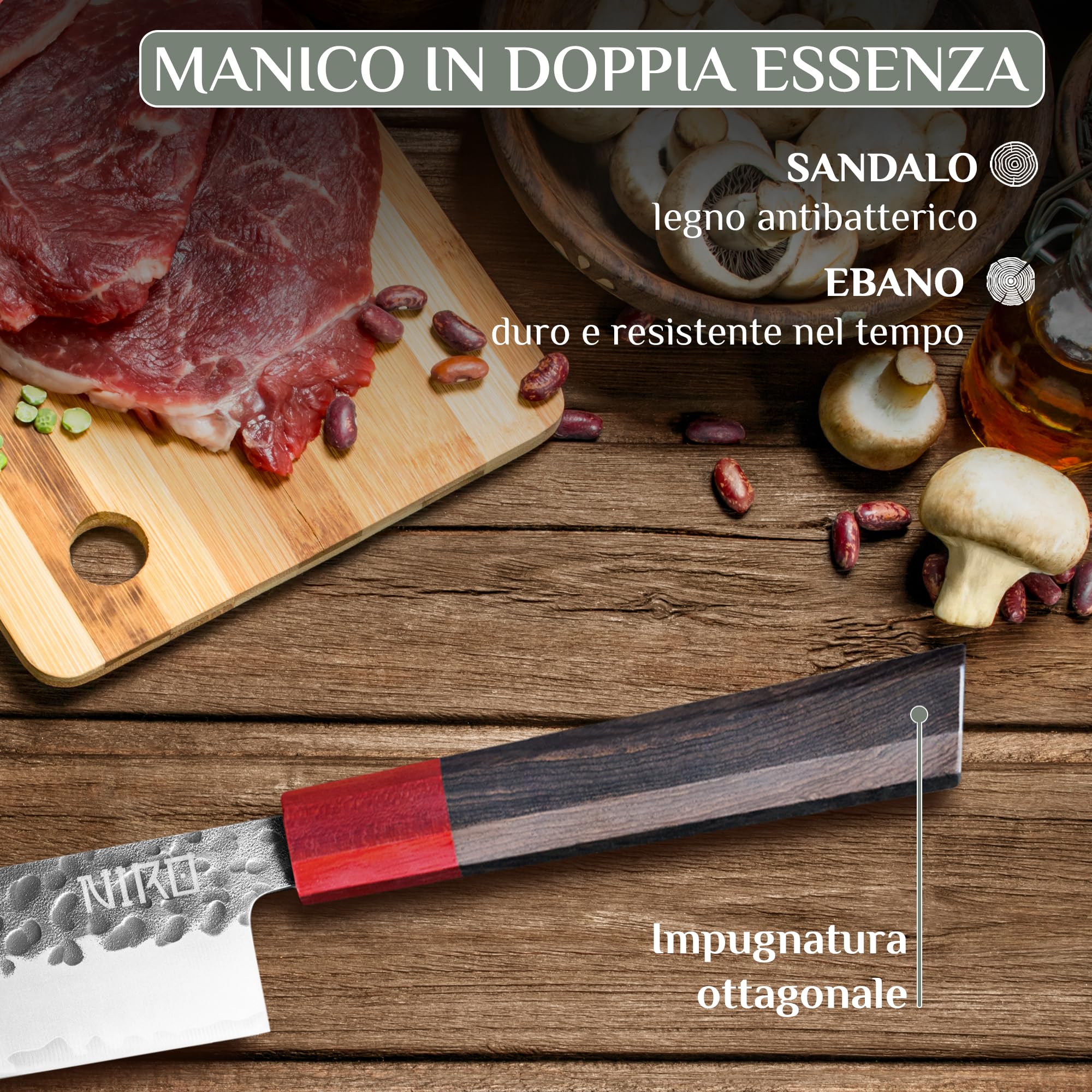 NIRO Coltello Professionale Giapponese Santoku in Acciaio Damascato, 67 Strati, Durezza 60 HRC, Manico Pregiato in Ebano e Sandalo, Bilanciamento perfetto, Resistente all’usura