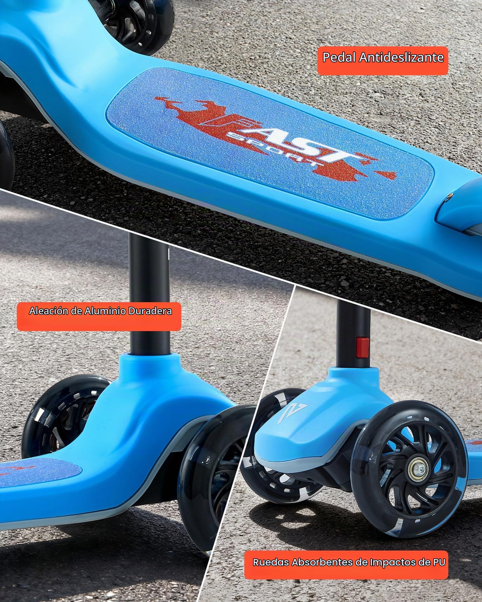 VEVOR Patinete 3 Ruedas, para Niños de 3 Años en Adelante, Ruedas Iluminadas, Manillar de Altura Ajustable, Base Antideslizante y Cuadro de Aluminio Ligero, hasta 75 kg, Azul, 520 x 250 x 800 mm