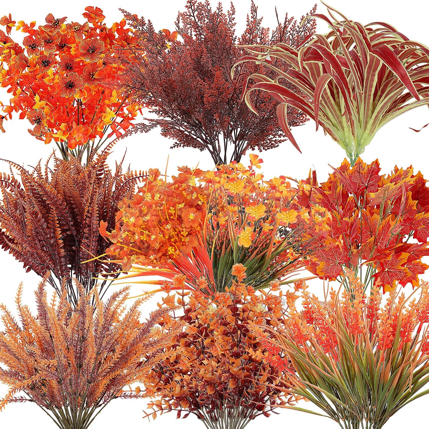 19 Bundles 10 Styles Artificial Fall Flowers Plants for Outdoors Fall Decor | Fake Faux Flower Autumn UV Resistant Boxwood Orange Mums Maple Leaves Wheat Fern for Thanksgiving Porch Window Box Planter