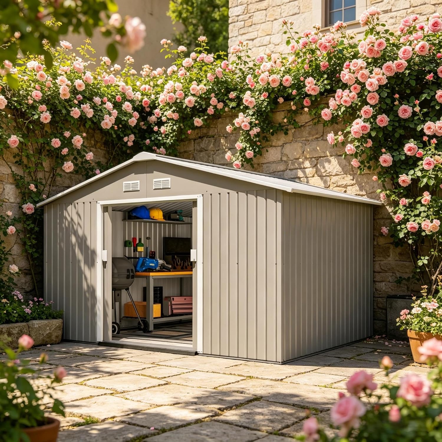 Metal Garden Shed Outdoor Storage with Double Sliding Doors and 4 Vents, Durable Backyard Tool Shed for Lawn Equipment and Pool Supplies, Easy Assembly with Foundation Kit