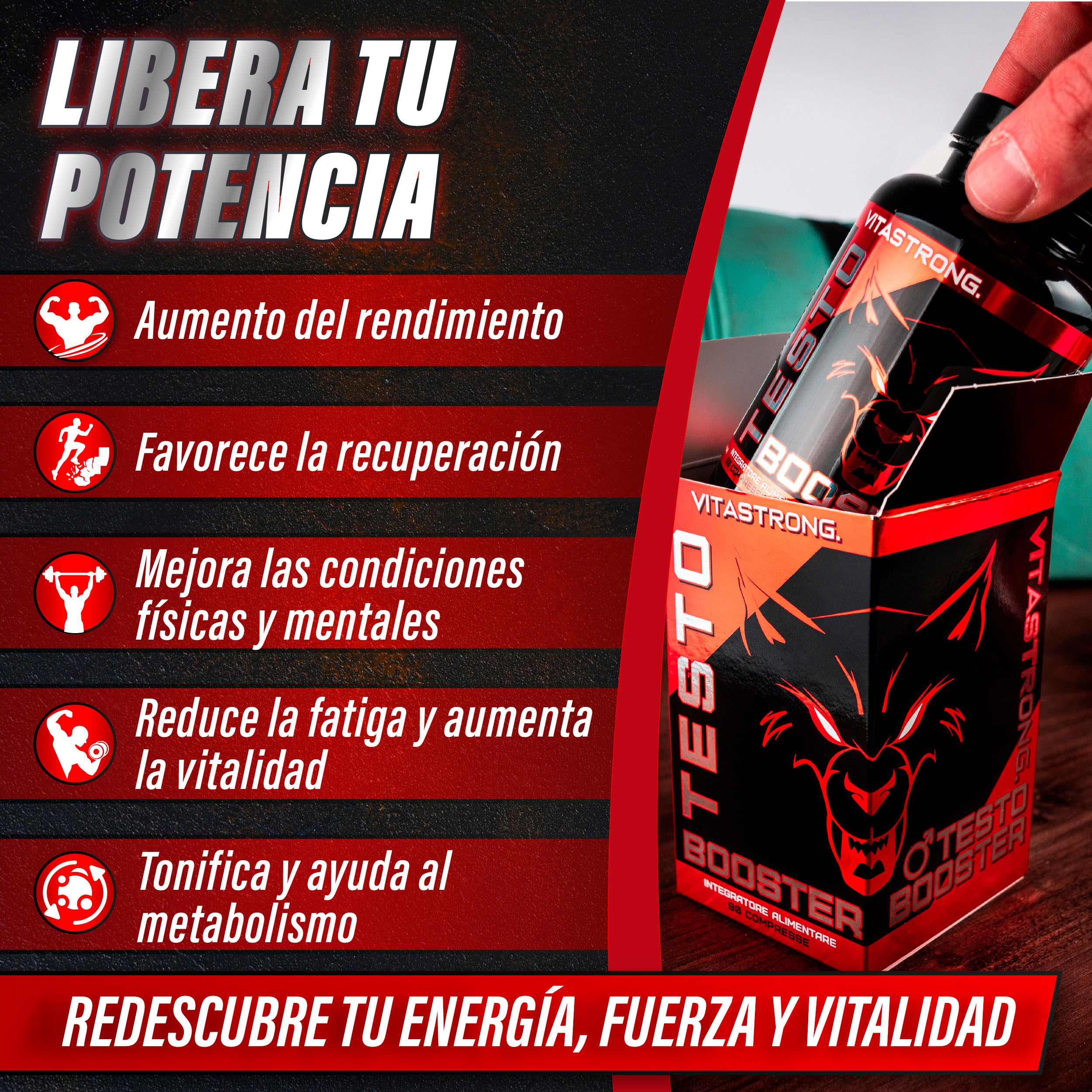 Testo Booster Fórmula con Ashwagandha KSM-66 Pura, Tribulus Terrestris, Bisglicinato de Zinc, Vitamina D, Acido Folico y Hierro Suplemento, 90 Comprimidos con Vitamina D para Función Muscular Normal