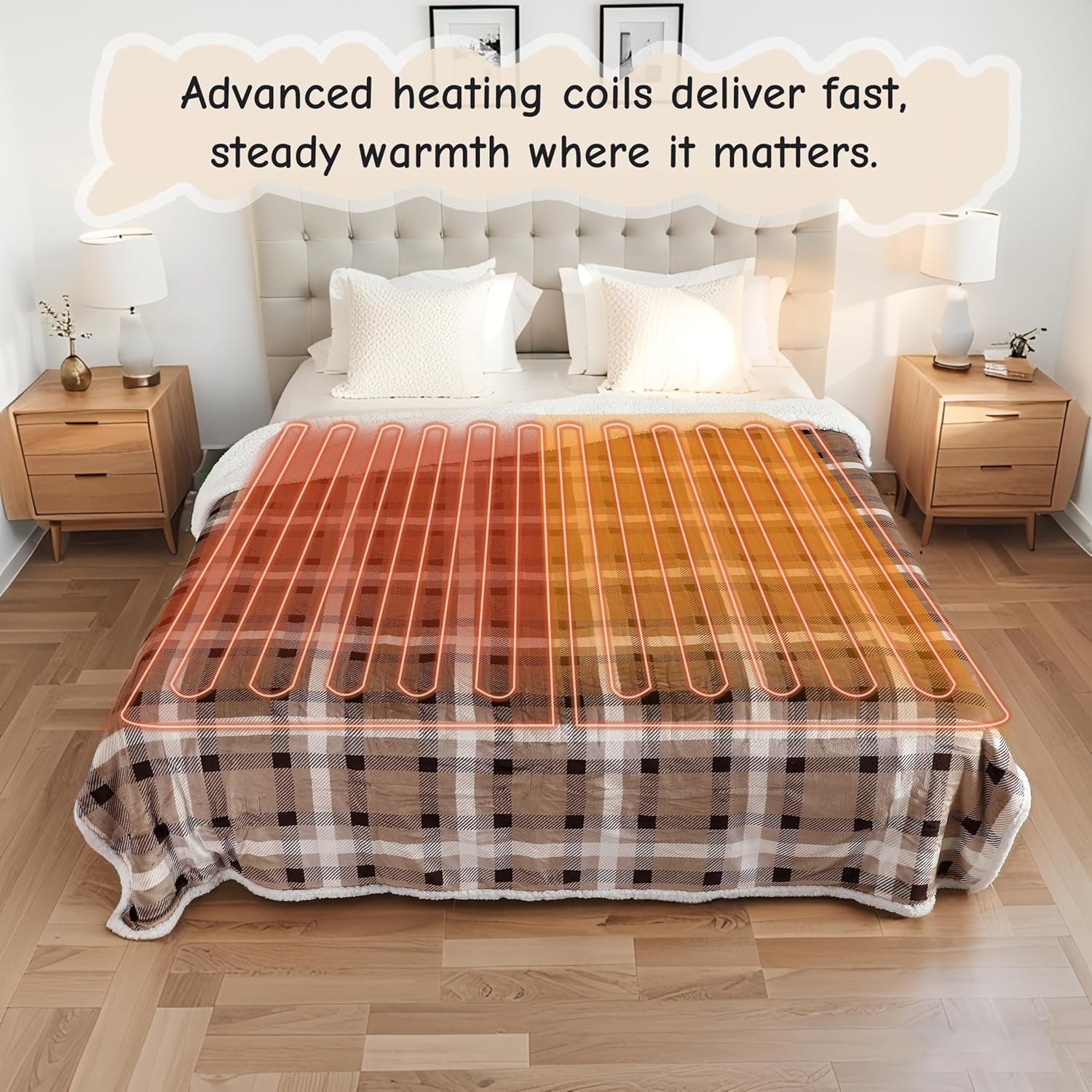Electric Heated Blanket Full Size 72"x84", Soft Flannel with Overheat Protection, 10 Adjustable Heat Settings & 12-Hour Auto-Off Timer, Fast Heating for Winter Comfort, Brown Plaid - Image 5