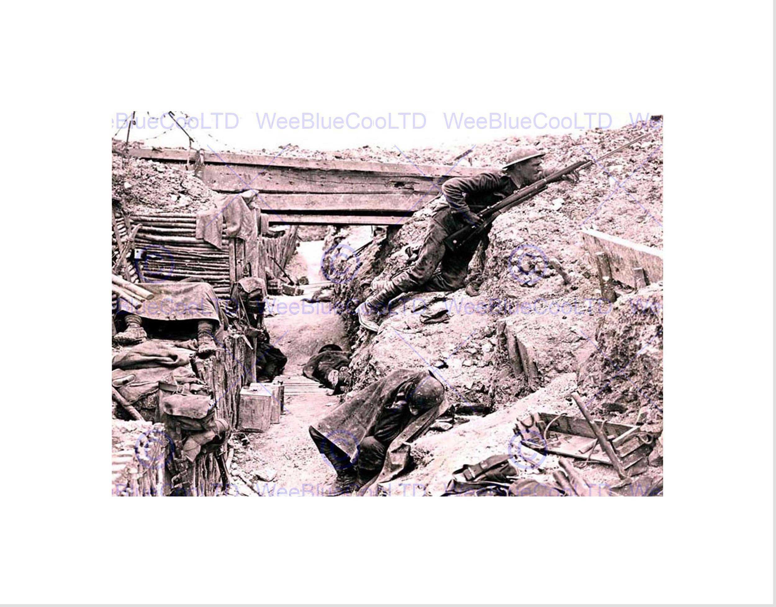 Wee Blue Coo VINTAGE PHOTOGRAPH WAR WWI MILITARY TRENCH LIFE BLACK FRAMED ART PRINT B12X4020