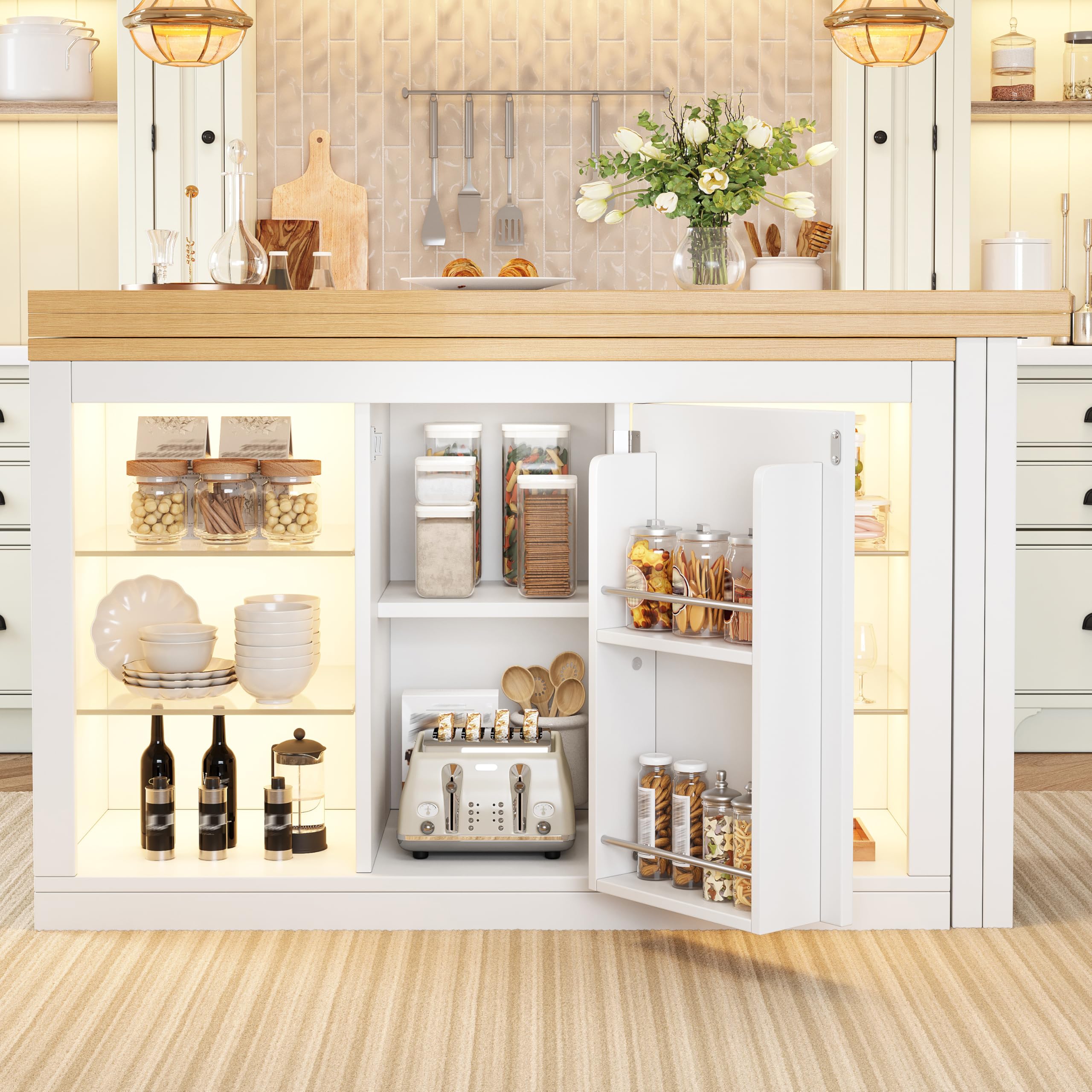 Merax Extendable LED Sideboard Kitchen Island 120โ197cm Glass Storage Unit