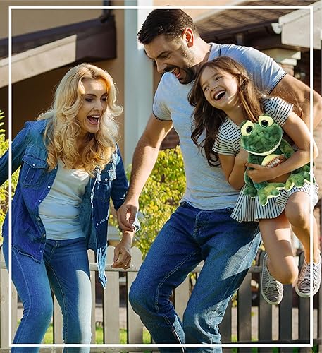 Miniatura 6 de DolliBu Animal de peluche de rana con peluche de fútbol, rana en cuclillas suave y abrazable, adorable juguete de peluche para jugar, lindo regalo