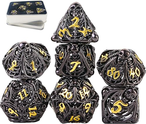 Miniatura 7 de Juego de dados de metal huecos DND poliédricos de calavera y dragón juego de miniaturas de juego de cartas mágicas 7 piezas dados de DD caja de