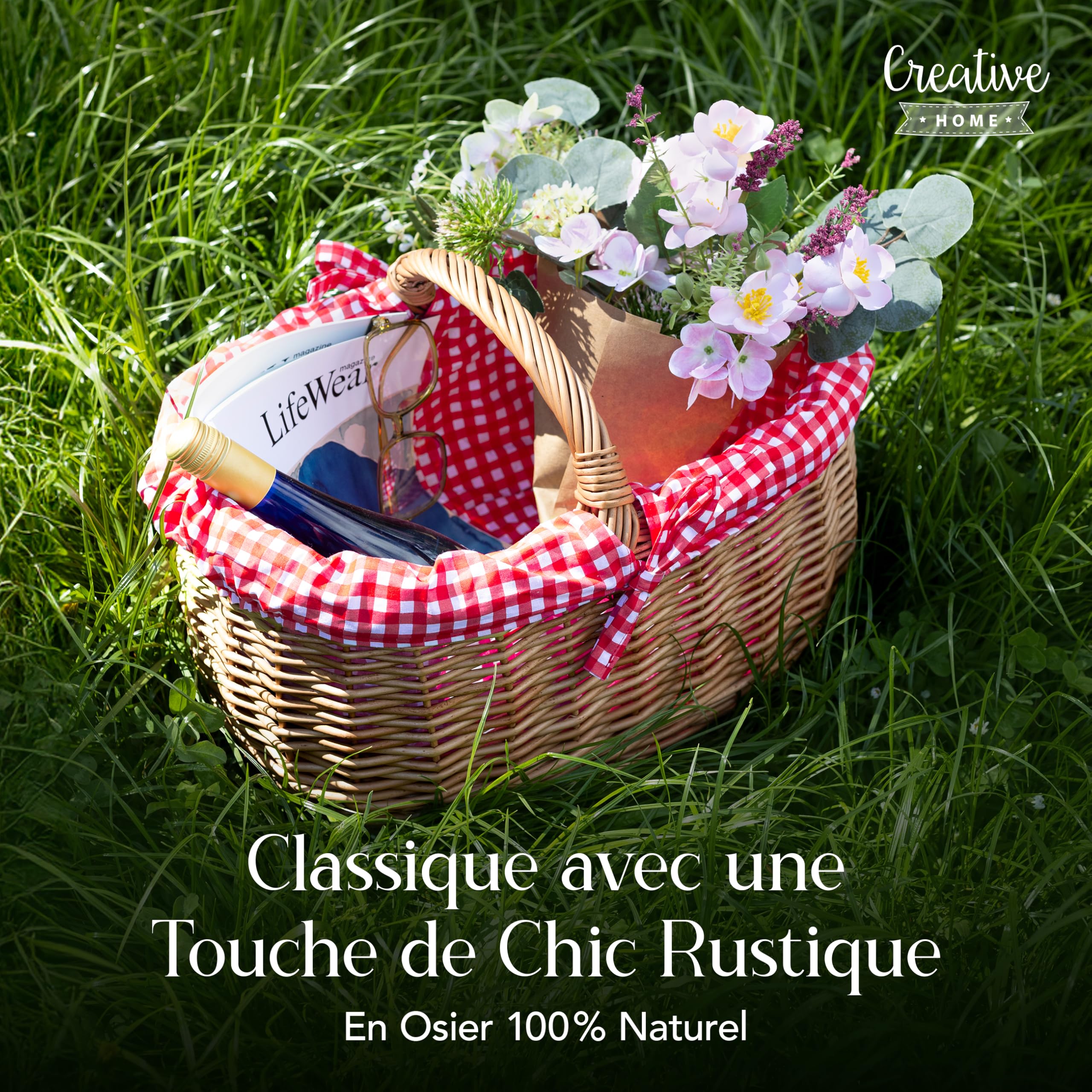 Creative Home Grand Panier de Pique-Nique avec Bordure à Carreaux Rouges | Panier en Osier avec Poignée | 45 x 32 x 34 cm (+/- 2 cm) | Grand et léger | Brun naturel | Tressé à la main | Universel