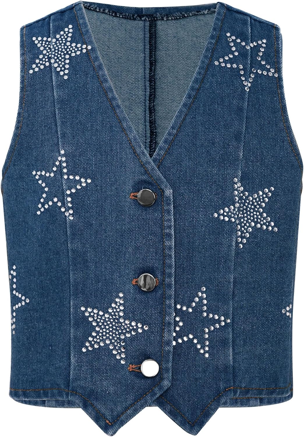 Kids Girls Rhinestone Stars Denim Vest Casual Sleeveless Jean Jacket Shiny Button Down Tank Waistcoat