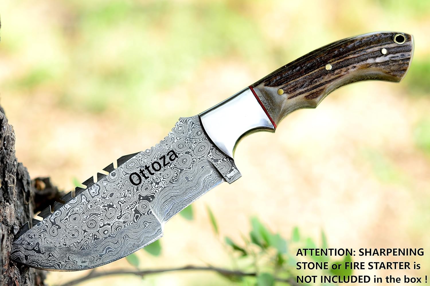 Ottoza Tracker Knife with Horizontal Carry Leather Sheath and Stag Horn Handle – Damascus Fixed Blade Hunting Knife for Survival and Outdoor Use 114 - Image 9