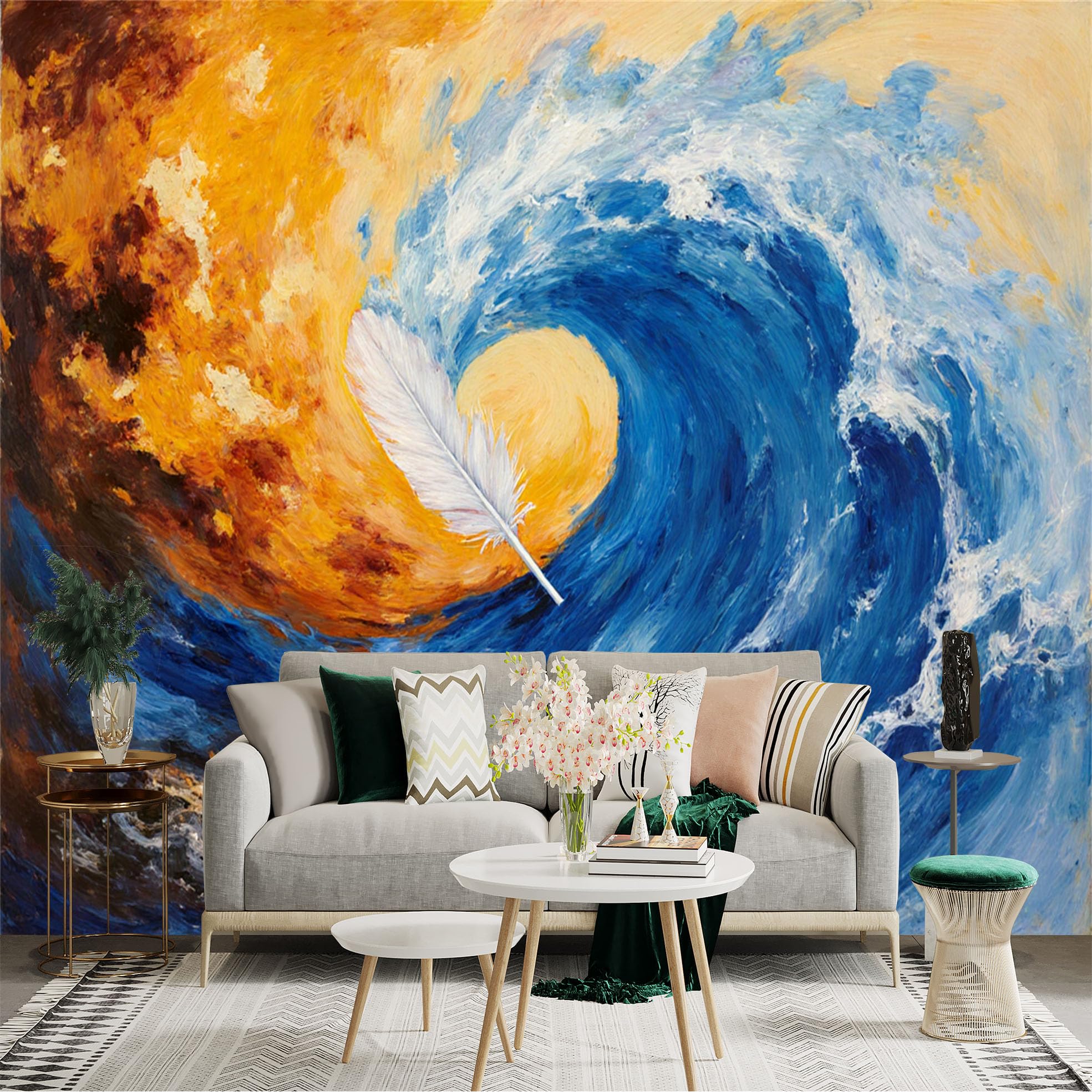 Custom Size Wall Sticker Mural， Abstract Oil Painting， White Feather， Swirling Ocean Wave， Golden Sunlight， for wall Decoration， peelandstick wall Decals.