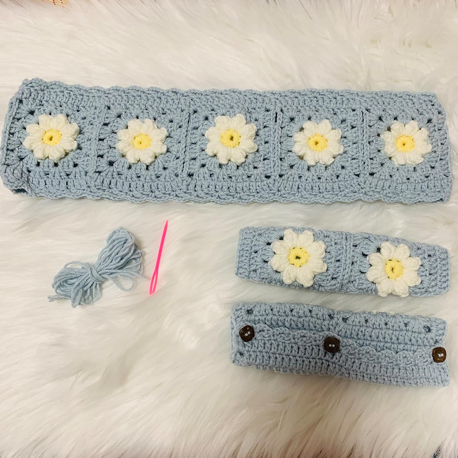 Handmade Crochet Steering Wheel Cover for Women Girl, Cute Blue Puff Flower Seat Belt Cover, Car Interior Accessories Decorations. (Steering Wheel Cover + 2 Belt Cover)