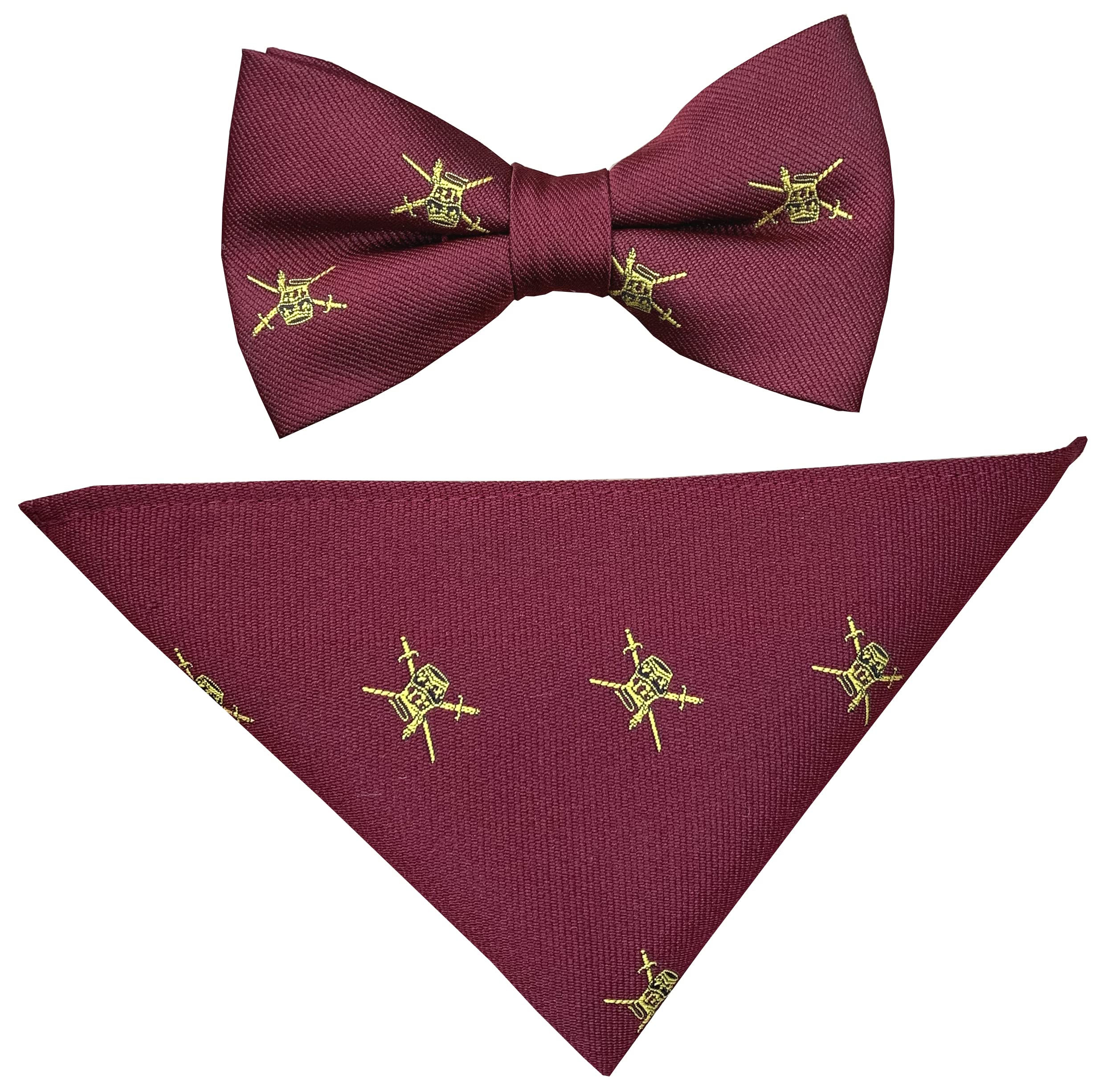 Great British Tie Club Men's Burgundy, Gold British Army Regital Bow Tie & Hanky Set