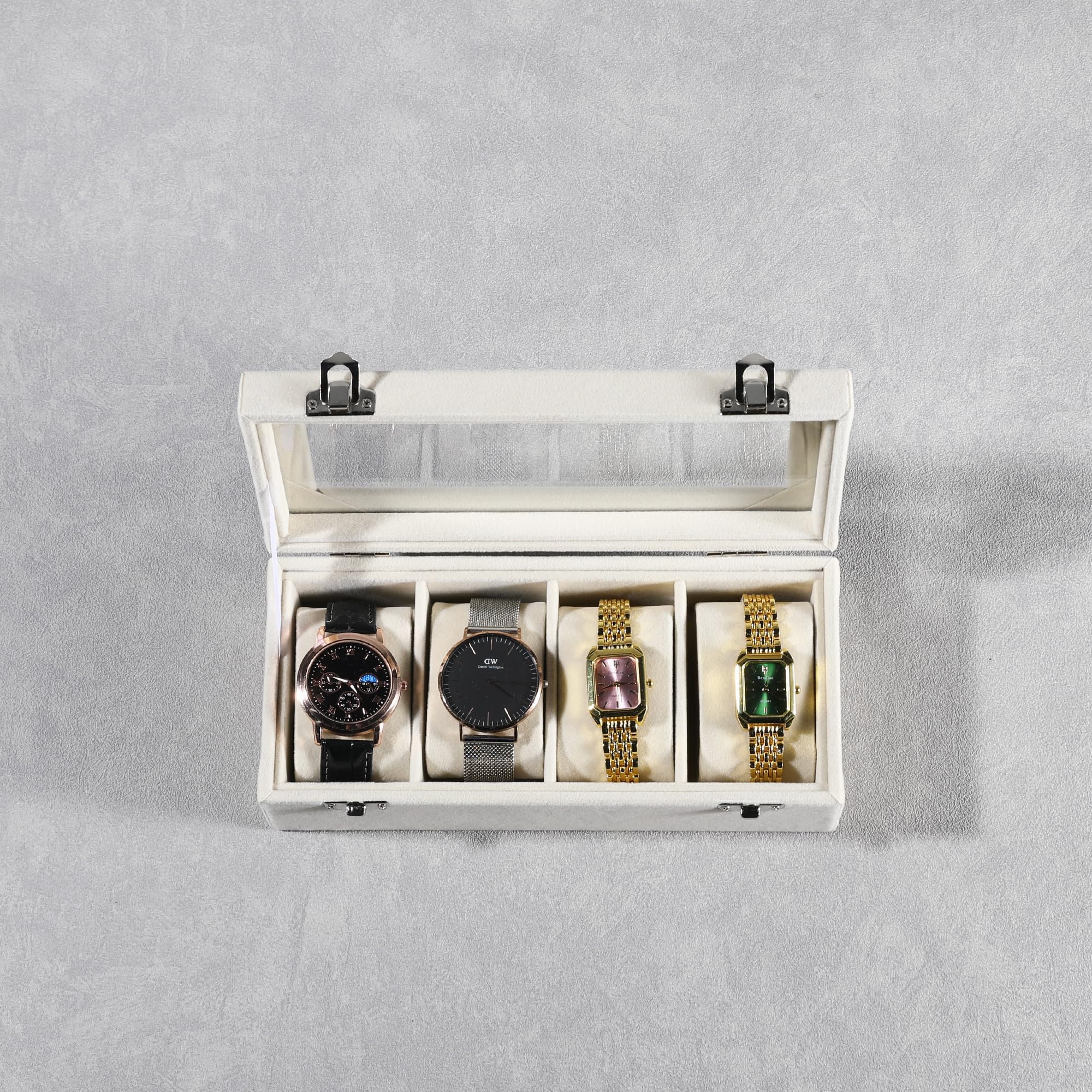 Frebeauty Caja de Reloj de 4 Ranuras con Tapa de Cristal, Organizadora de Terciopelo para Hombres y Mujeres, Almacenamiento con Cerradura, Estuche de Exhibición