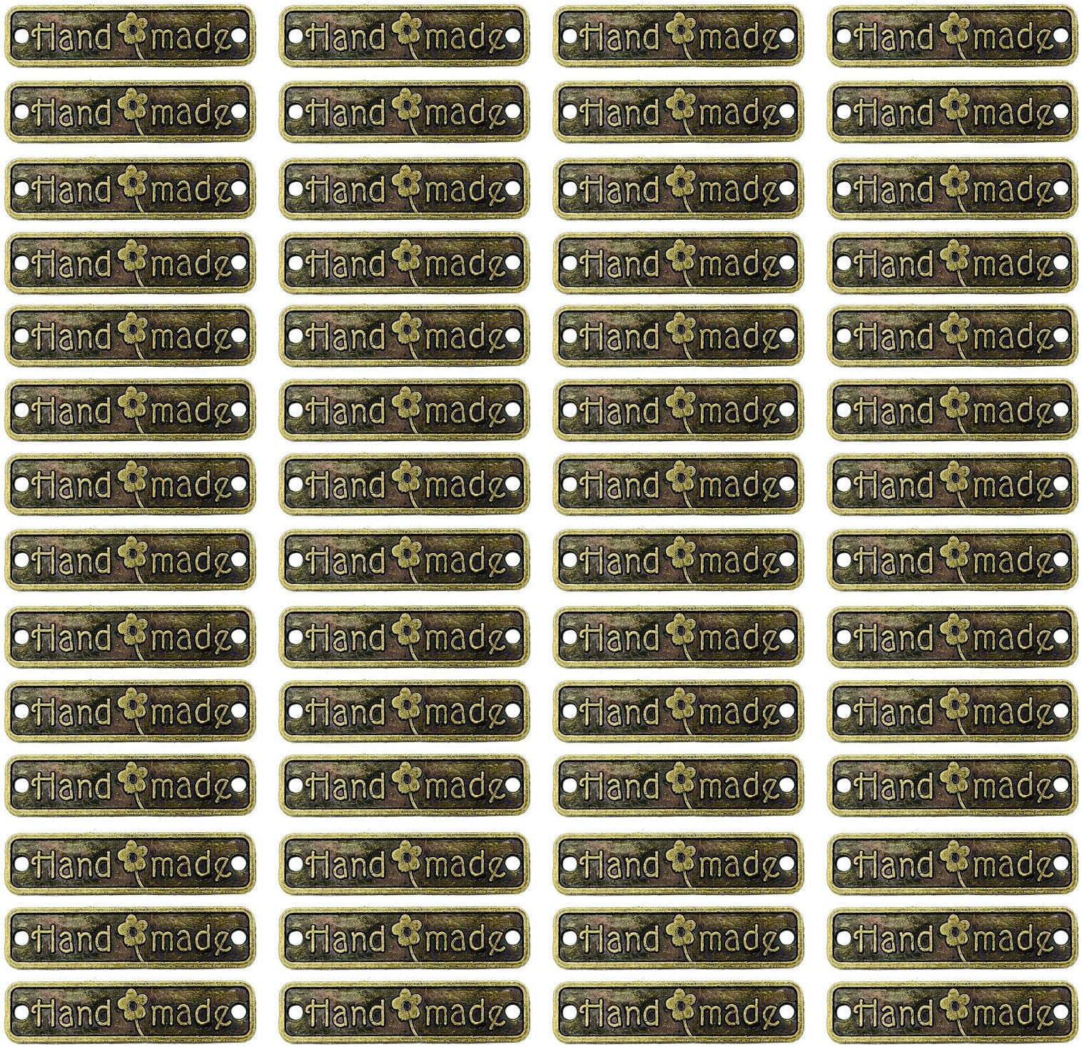 100 Pieces Metal Handmade Tag Label Handmade Tags Button with 2 Holes Metal Tag Signs for Jewelry Making Crafts, Sewing Clothing Decoration and More, Antique Bronze, 25x6mm