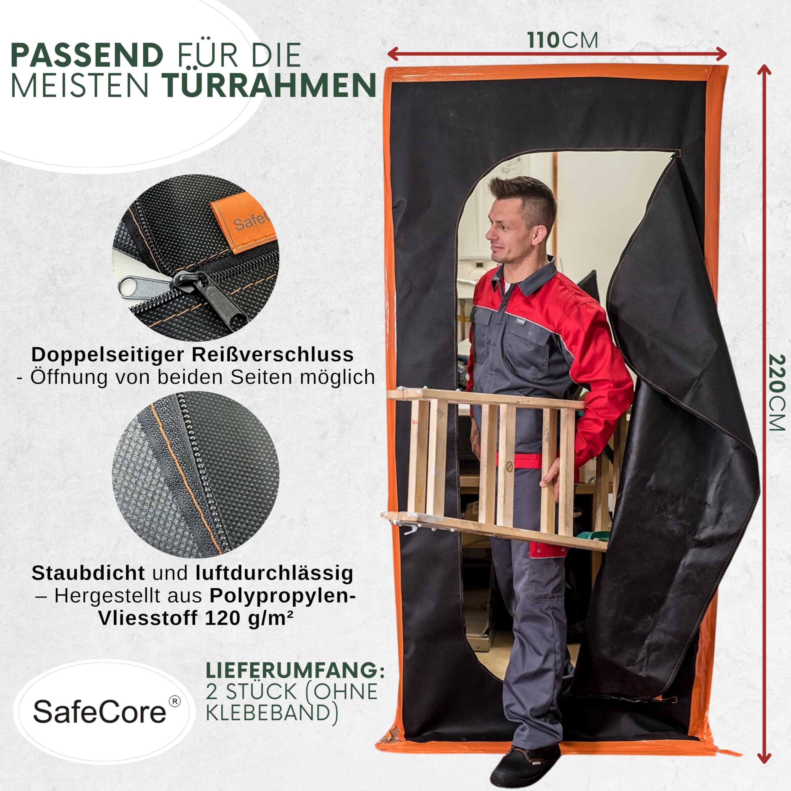 SafeCore Staubschutztür 220x110 cm 2er-Set, doppelseitiger Reißverschluss | Polypropylen-Vliesstoff, staubdicht, Renovierung Baustelle, flexible Bautür, beidseitiger Zugang