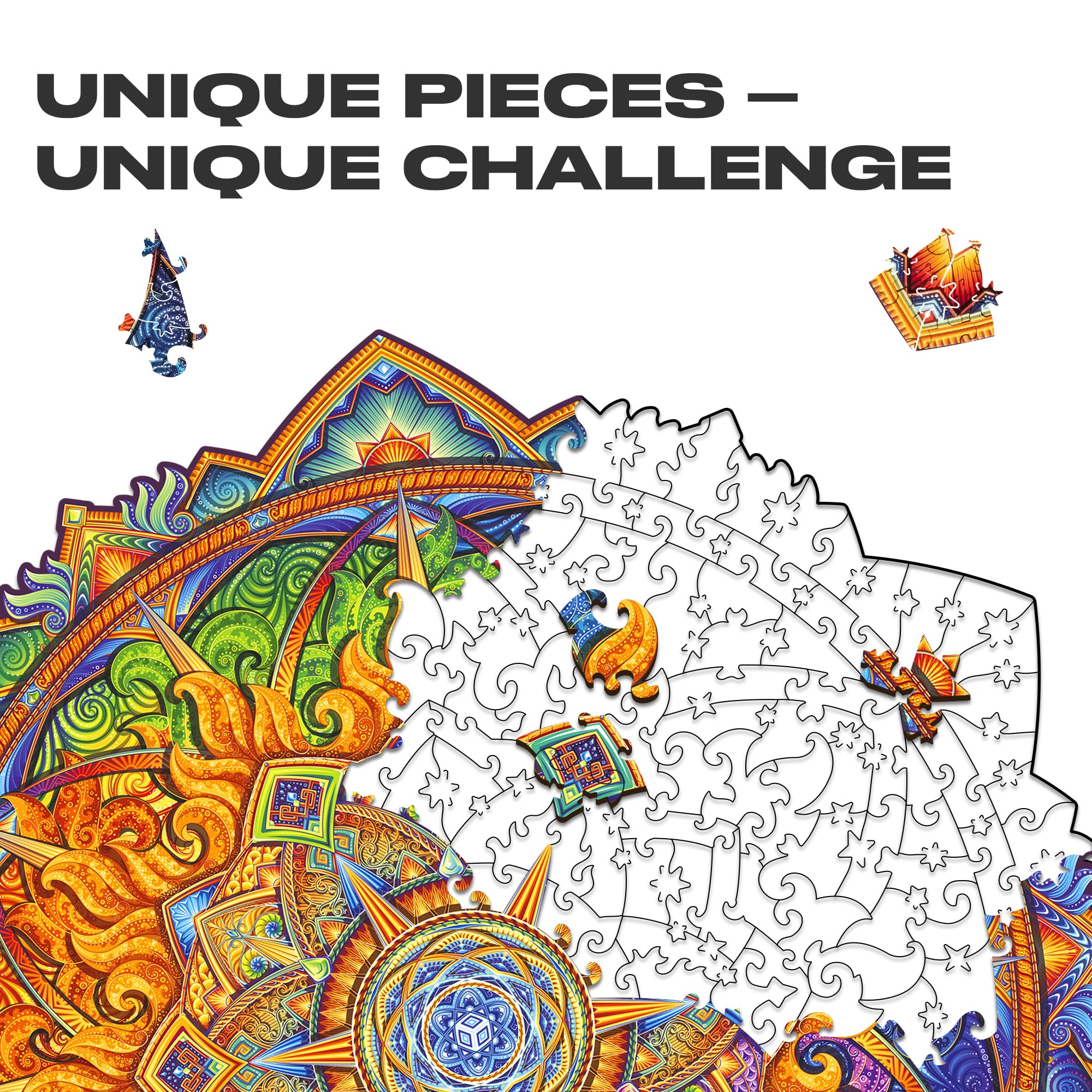 UNIDRAGON Mandala Nascent Sun Wooden Jigsaw Puzzle for Adults - 350 Unique Shaped Pieces - King Size 33 x 33 cm