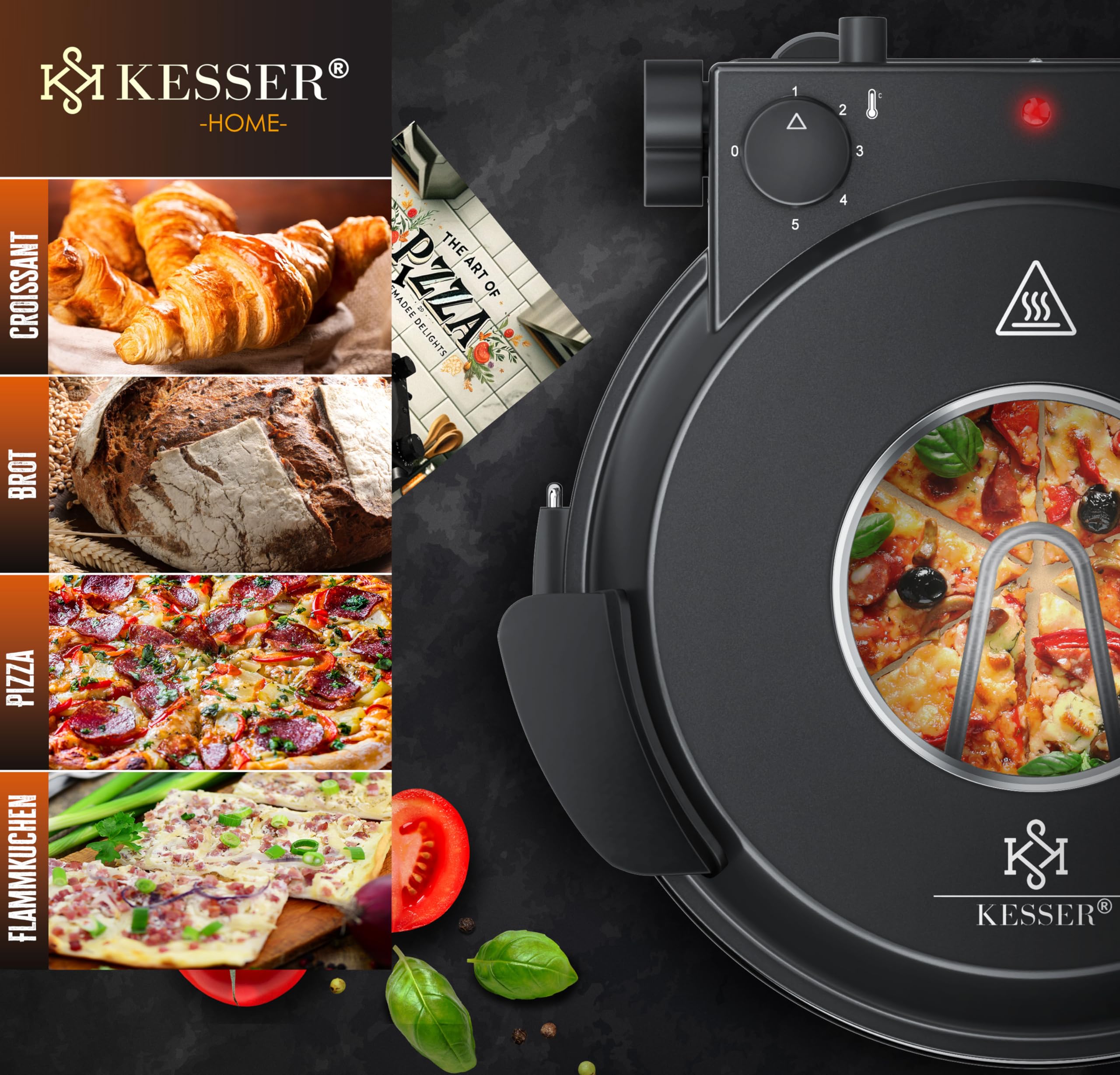 KESSER Four à pizza électrique jusqu'à 400 degrés, 1200 W, avec plaque en pierre ignifuge et minuterie de 32 cm de diamètre, 5 niveaux de chaleur et fenêtre.
