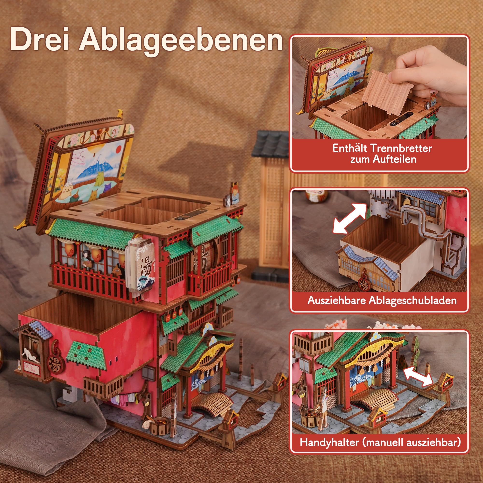 Tonecheer 3D Holz Modell Puzzle DIY Kit Spielzeug für Erwachsene Jugend Kinder Handwerk Luftschiff Auto Deckel Öffnung Desktop Lagerung Haus Geburtstagsgeschenk(Onsen Saga)