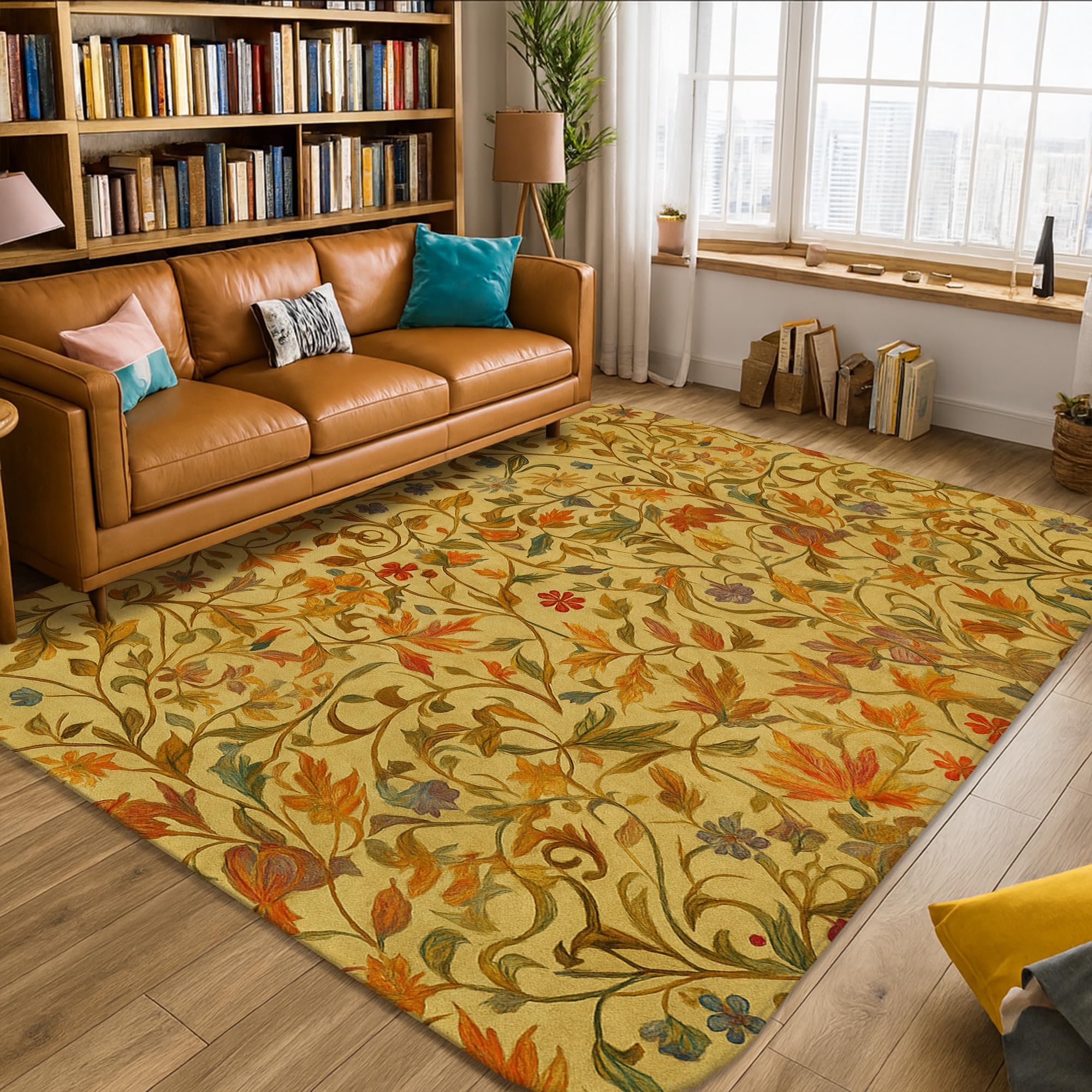 Tapis rectangulaire 1,5x2,1m en mousse à motif feuilles d'automne jaune pour salon et chambre