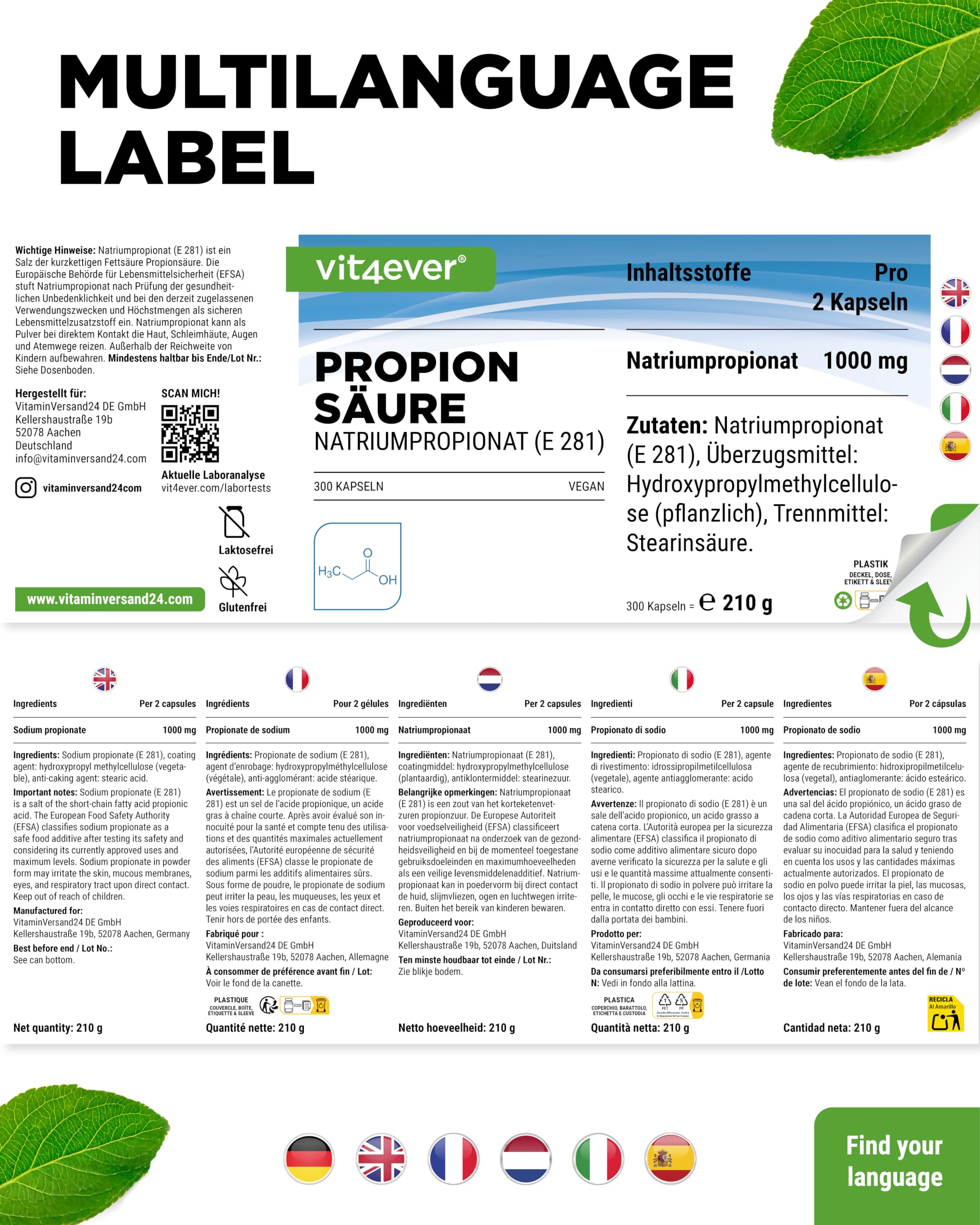 vit4ever Propionsäure (Natriumpropionat E281) - 300 vegane Kapseln | 500 mg pro Kapsel, Kurzkettige Fettsäure, Premium Qualität